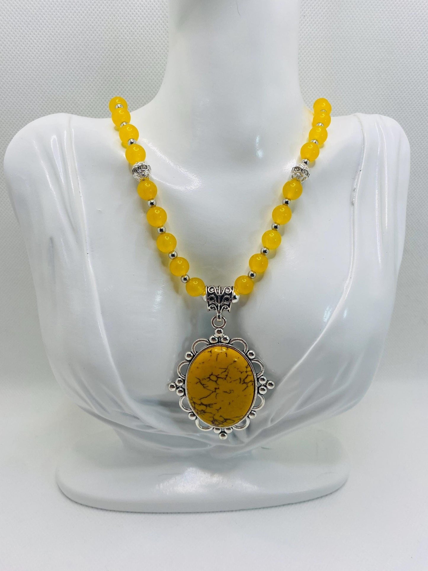 Jade Necklace for Women with Silver Hematite Gemstone Beads & Turquoise Pendant, Gifts for Her