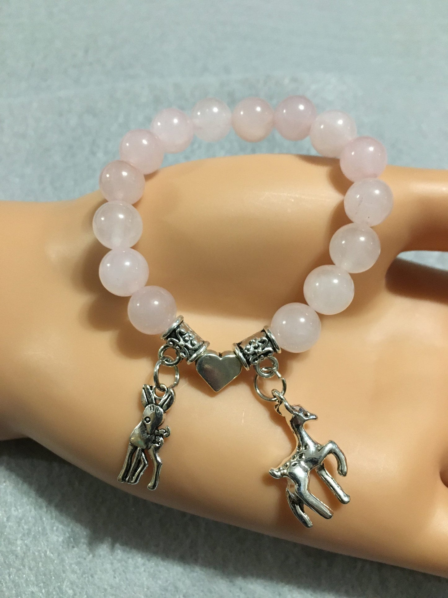 Charm Bracelet Rose Quartz Jewelry for women, Bambi and Faline Charms