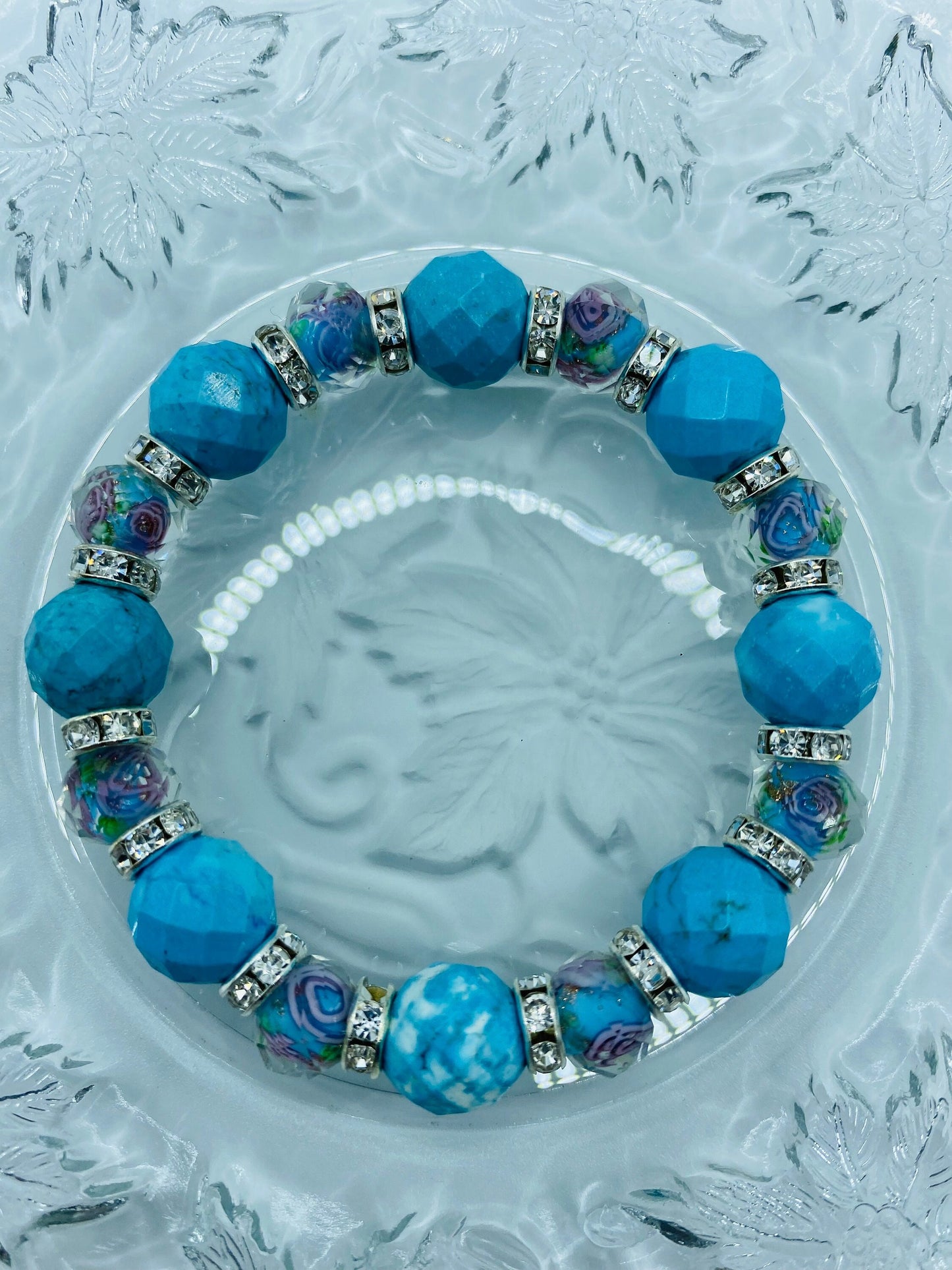Turquoise Bracelet Custom Jewelry with Lampwork Flower Glass Beads - Mens Bracelet - Bracelets for Women