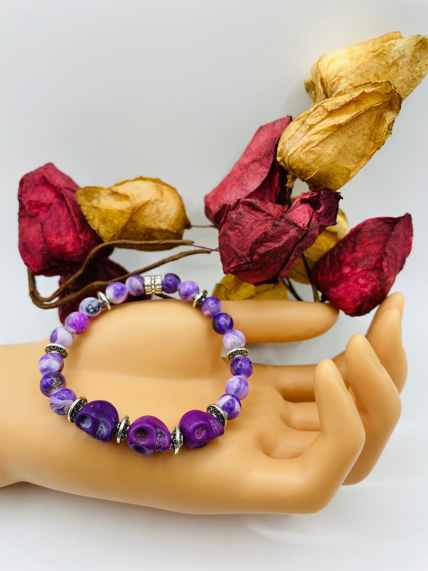 Purple Skull Charm Bracelet: Dia de Los Muertos Gemstone Jewelry