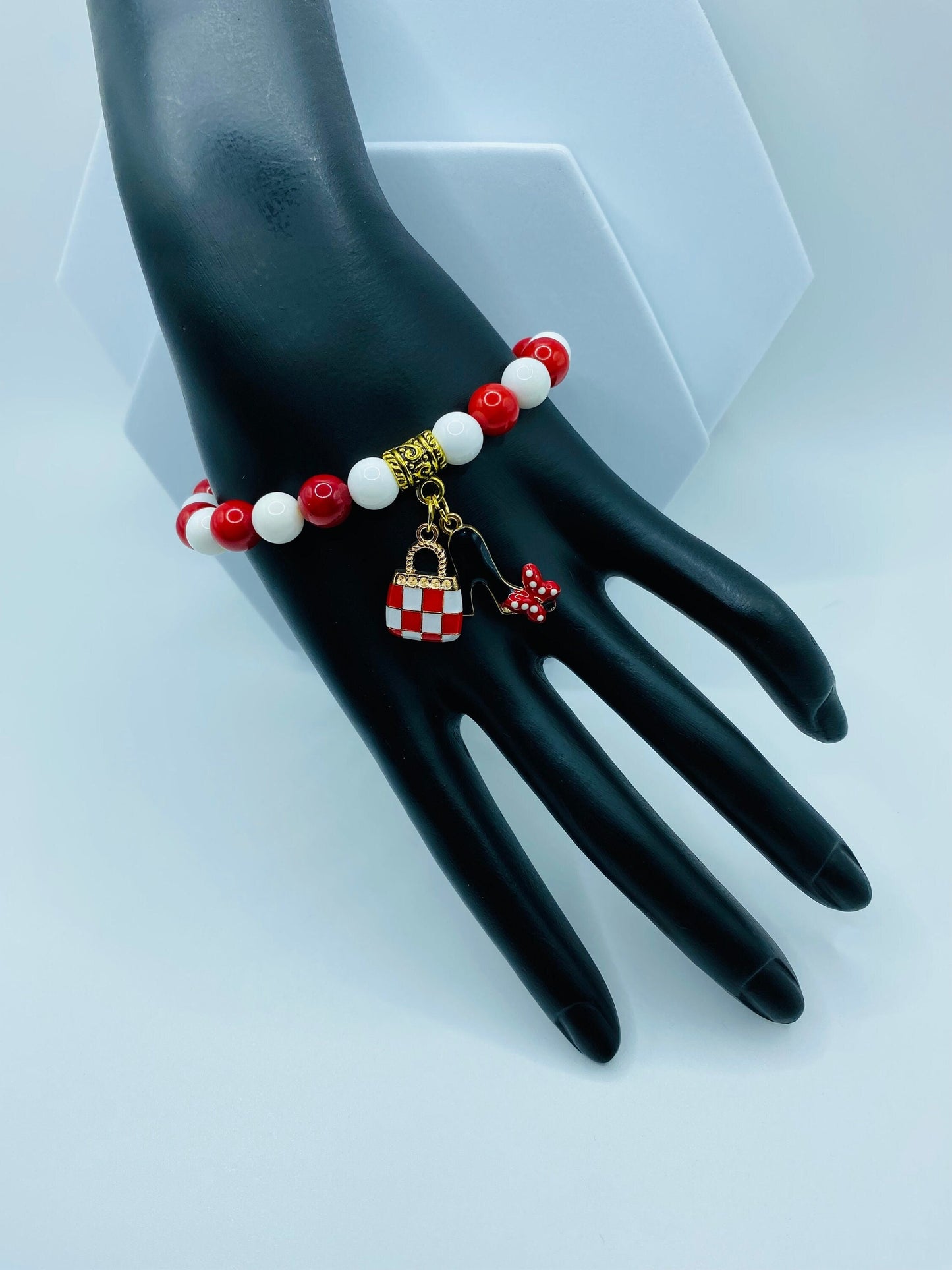 Charm Bracelets with Purse Charm & Shoe Charms - Red Coral, White Porcelain Gemstone Beads - Gifts for Her