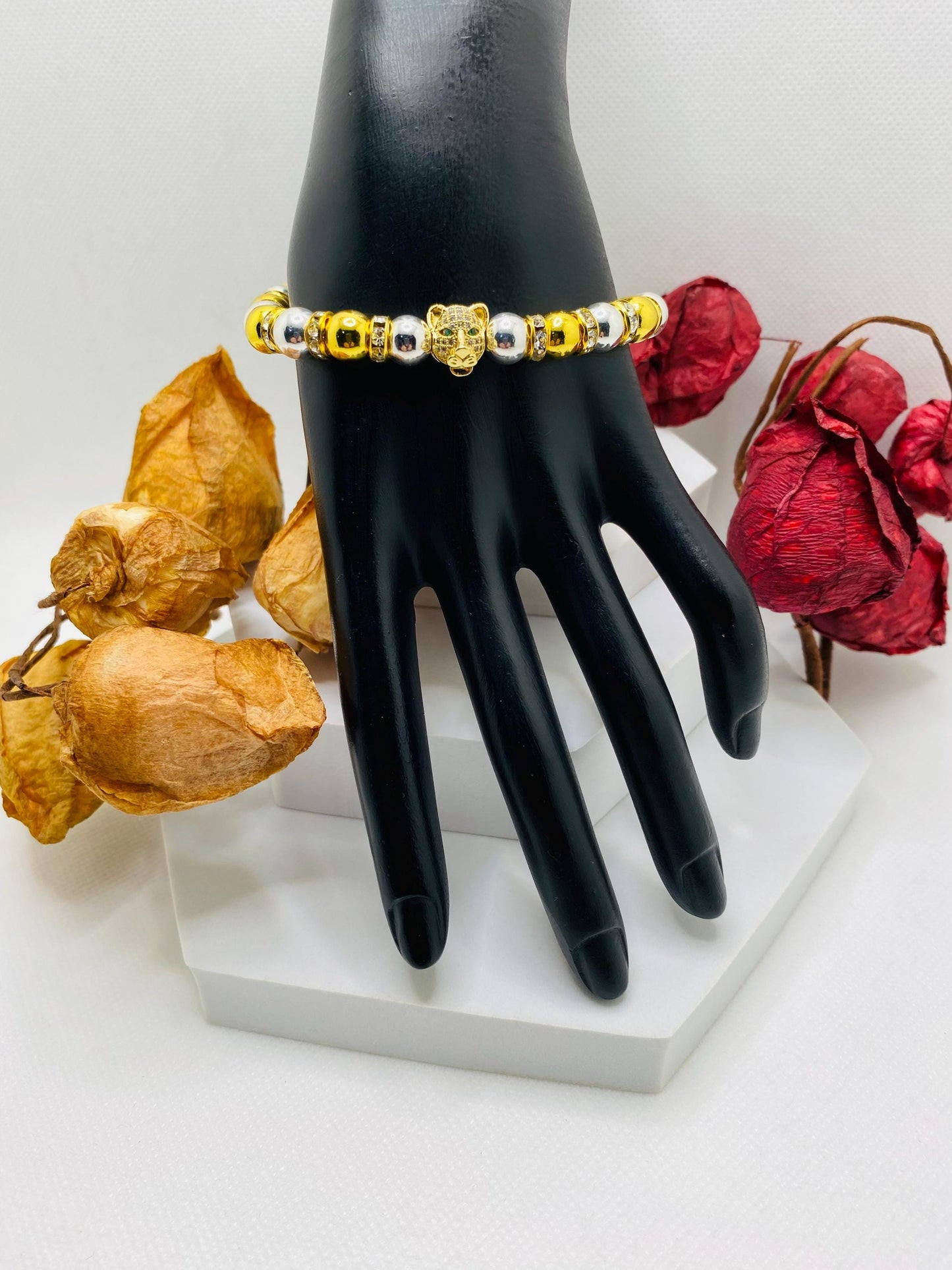 Tiger Charm Bracelet: Gold & Silver Hematite Beads, Cubic Zirconia