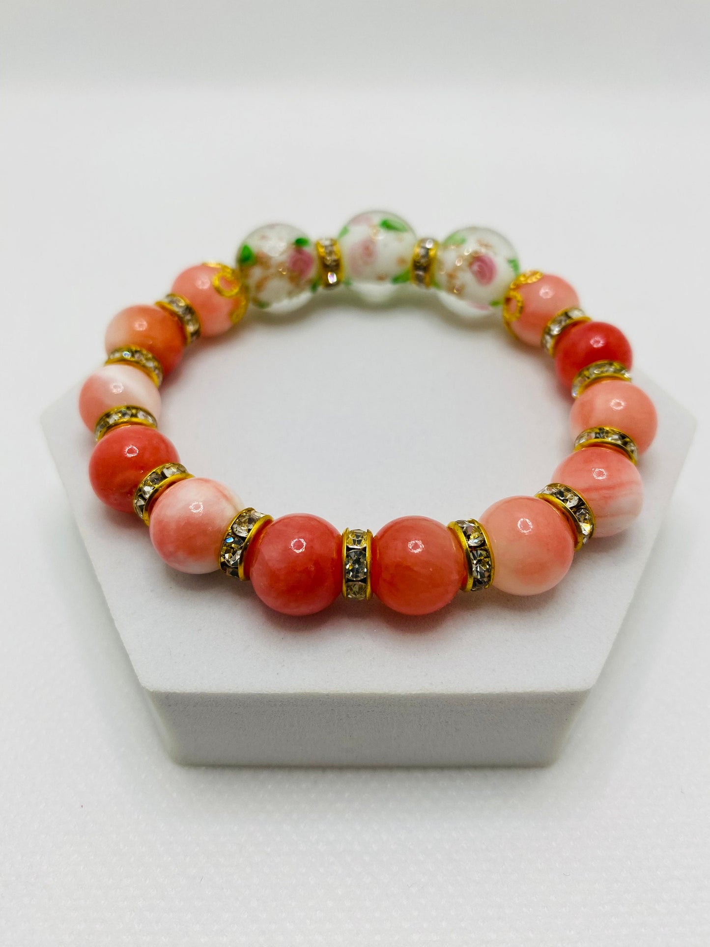 Jade Bracelet: Pink Lampwork Glass Beads, 18k Gold Rondelles