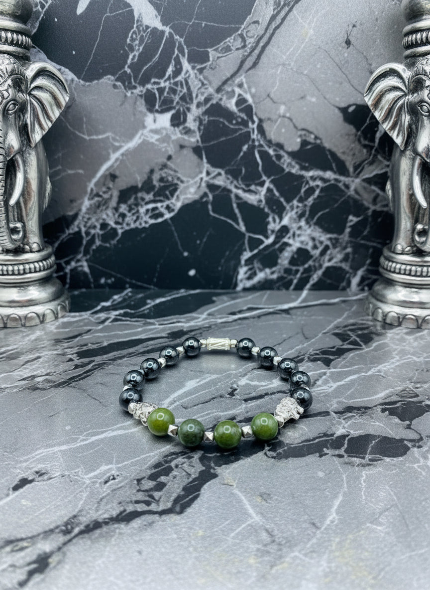 Elephant Jewelry White Gold Womens Bracelet with Jade & Hematite Gemstone Beads - Elephant Gifts