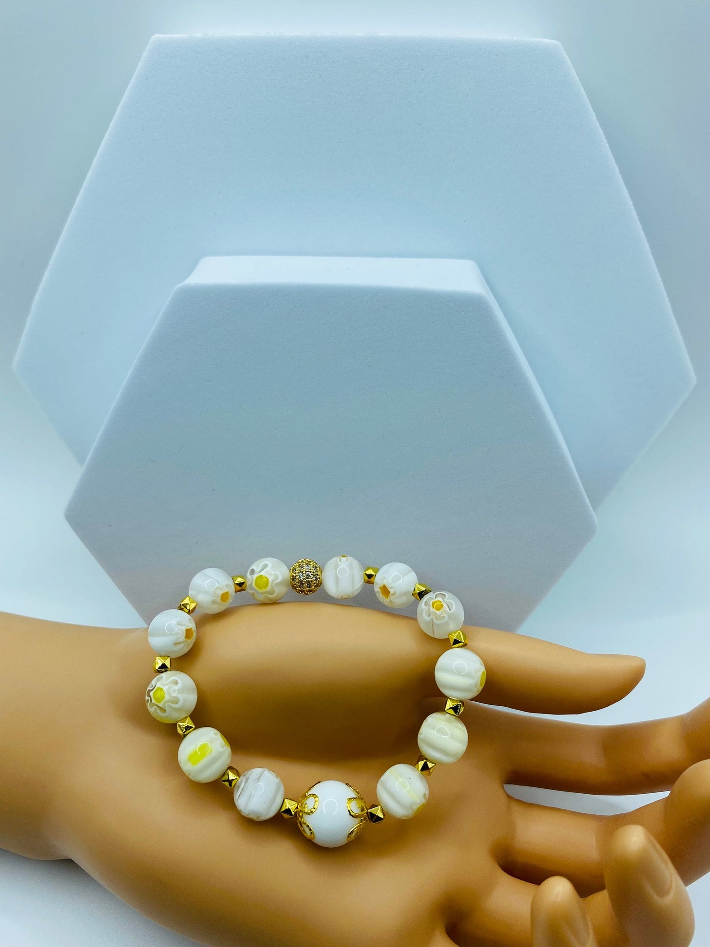 White Jade Bracelet: Millefiori Lampwork Glass Beads, 18k Gold-Plated Accents