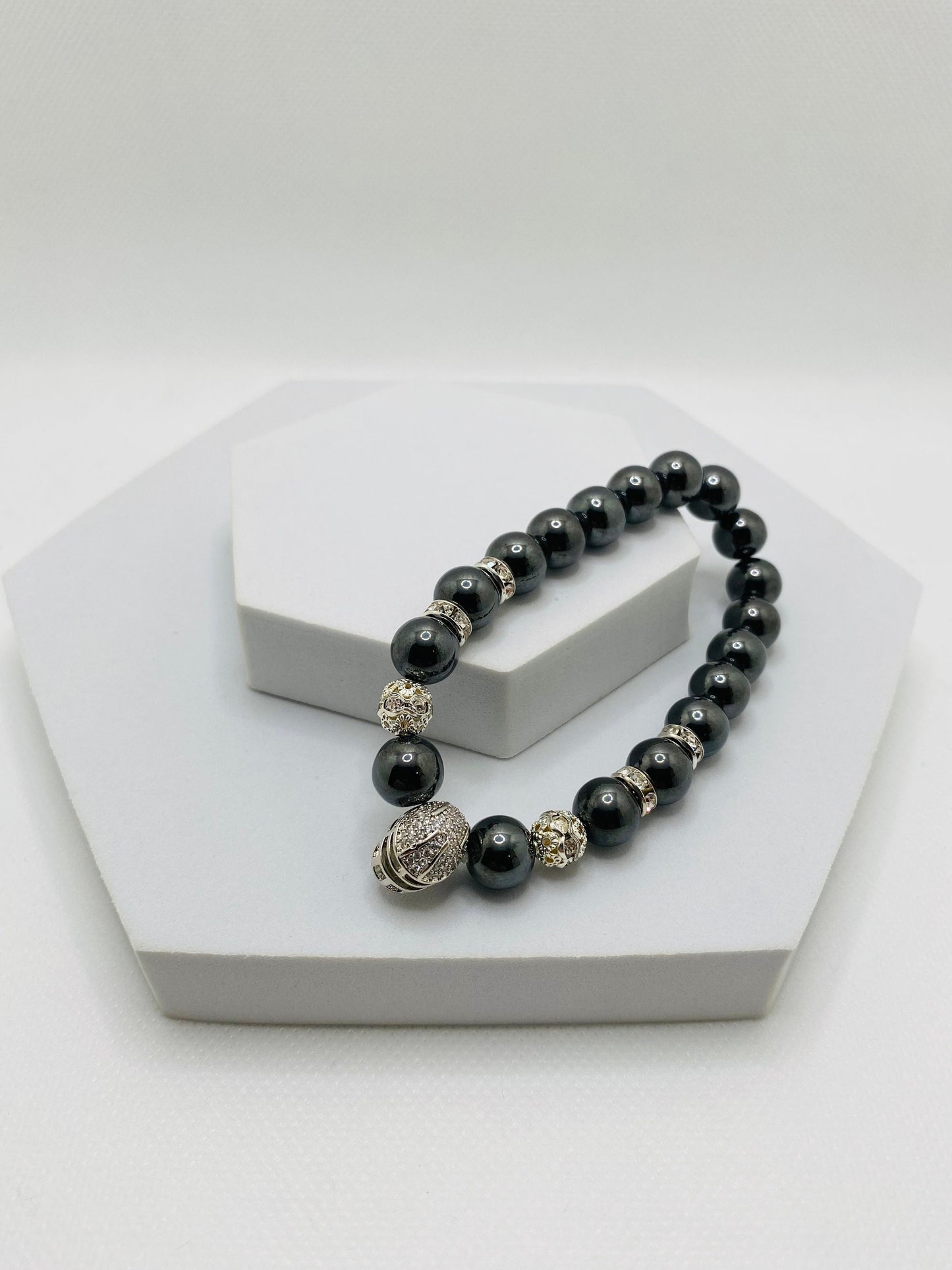 Las Vegas Raiders Hematite Bracelet: Silver Football Helmet, CZ Accents