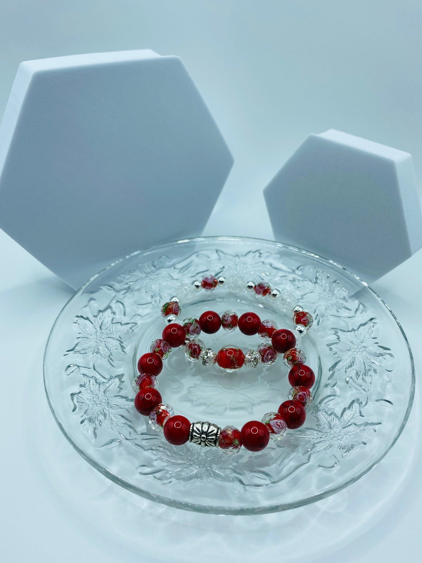 Red Turquoise Bracelet: Bohemian Lampwork Floral Glass Bead Jewelry