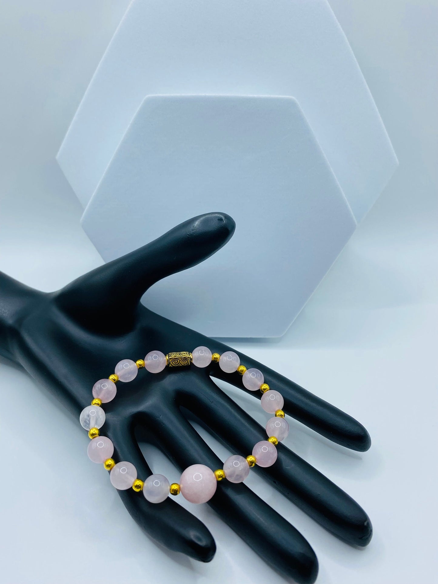 Handmade Rose Quartz Bracelet: 18k Gold Plated Hematite Beads