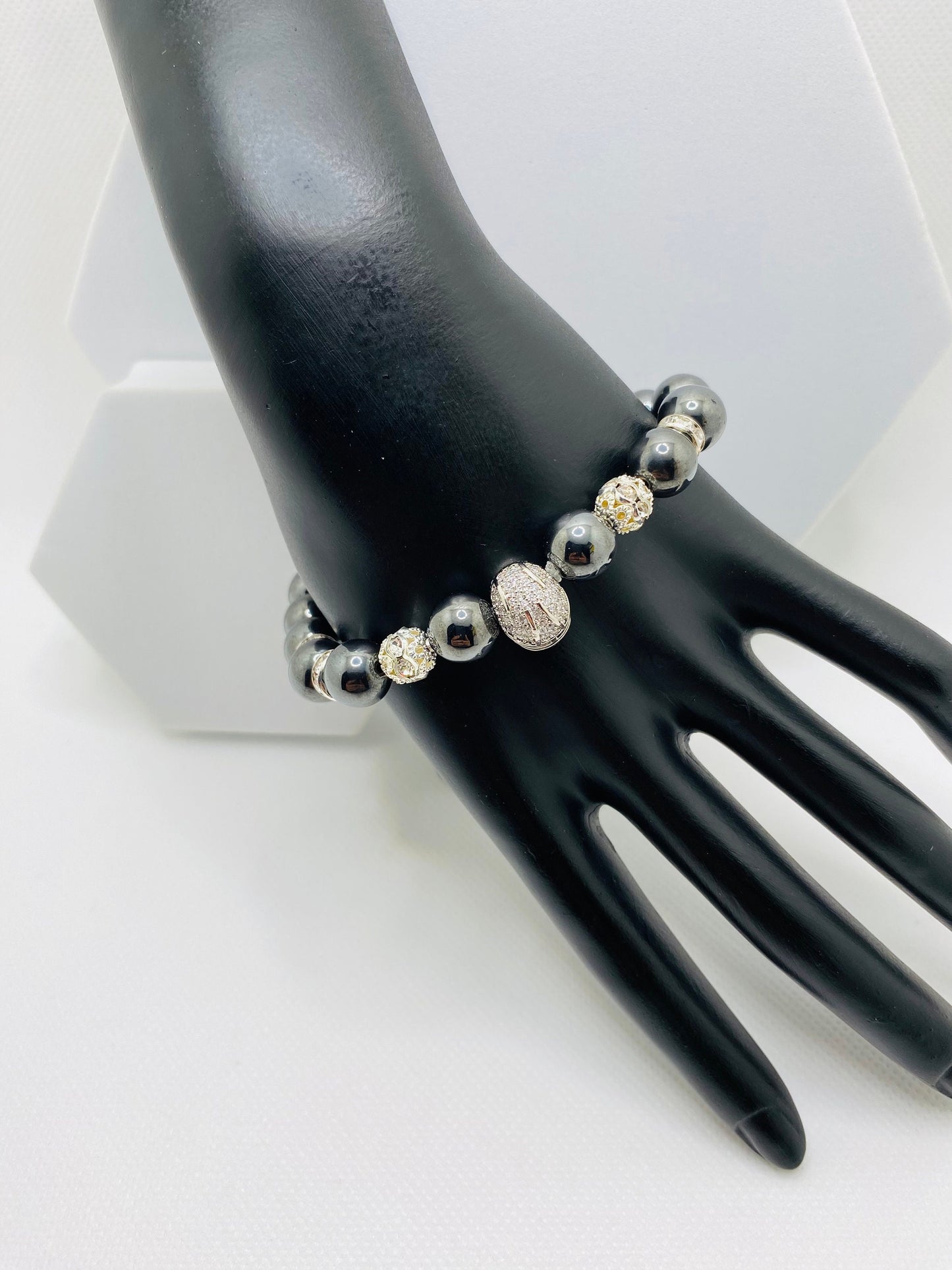 Las Vegas Raiders Hematite Bracelet: Silver Football Helmet, CZ Accents