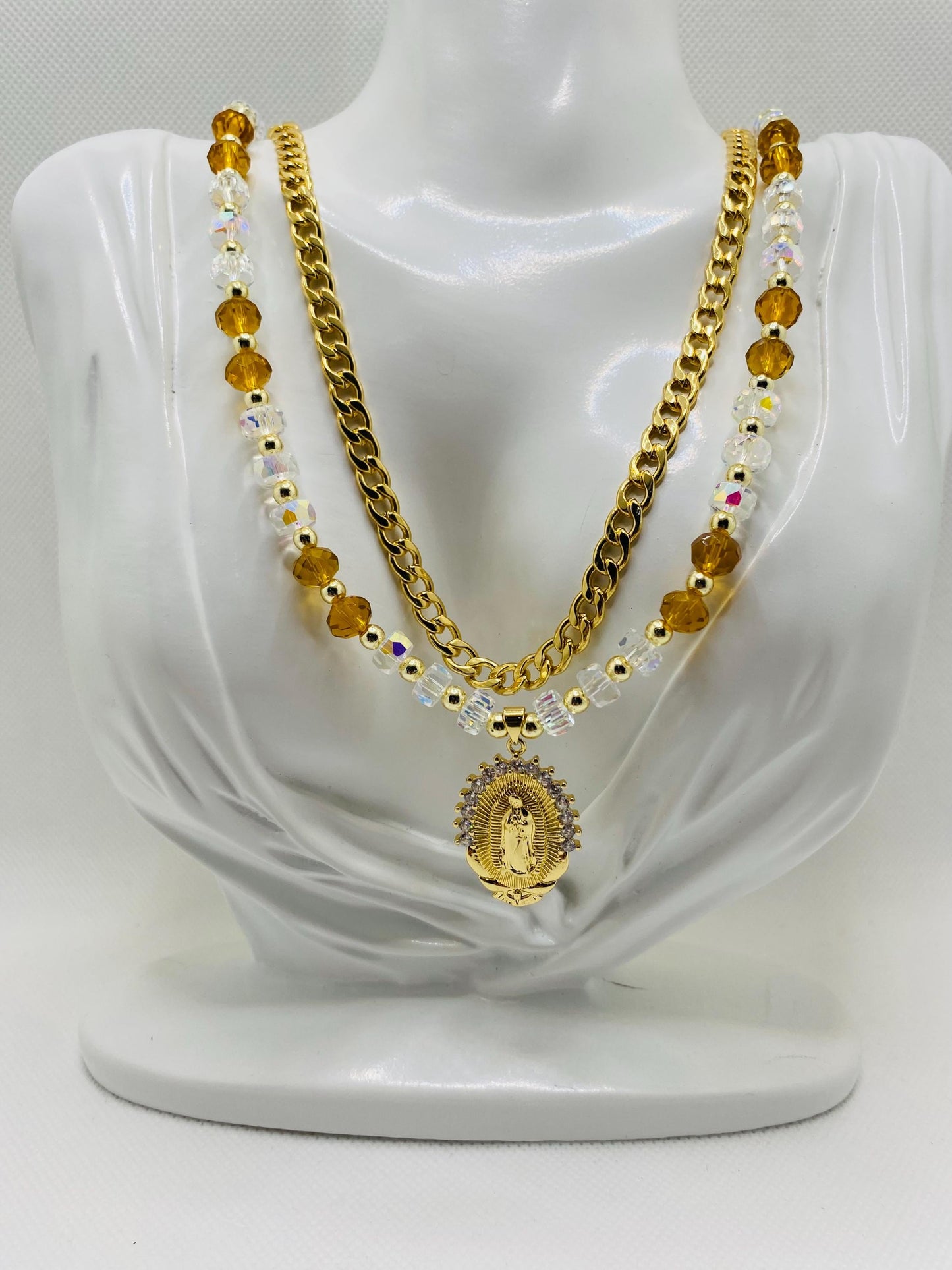 Virgin Mary Necklace: Gold Cuban Link Chain, Crystal Beads Religious Jewelry