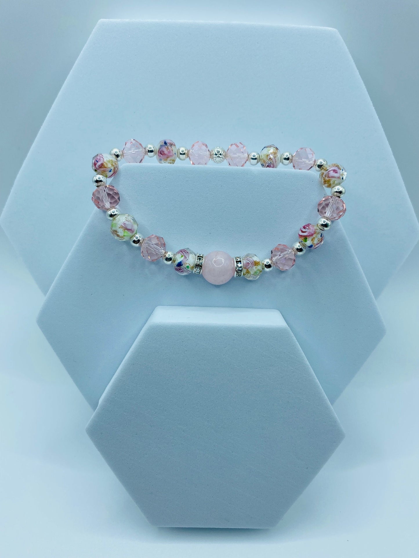 Rose Quartz Bracelet: Lampwork Floral Glass & Pink Crystal Beads