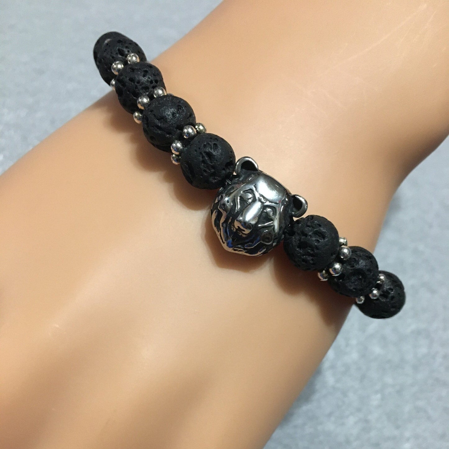 Chicago Bears Lava Rock Bracelet: Stainless Steel Bear Charm