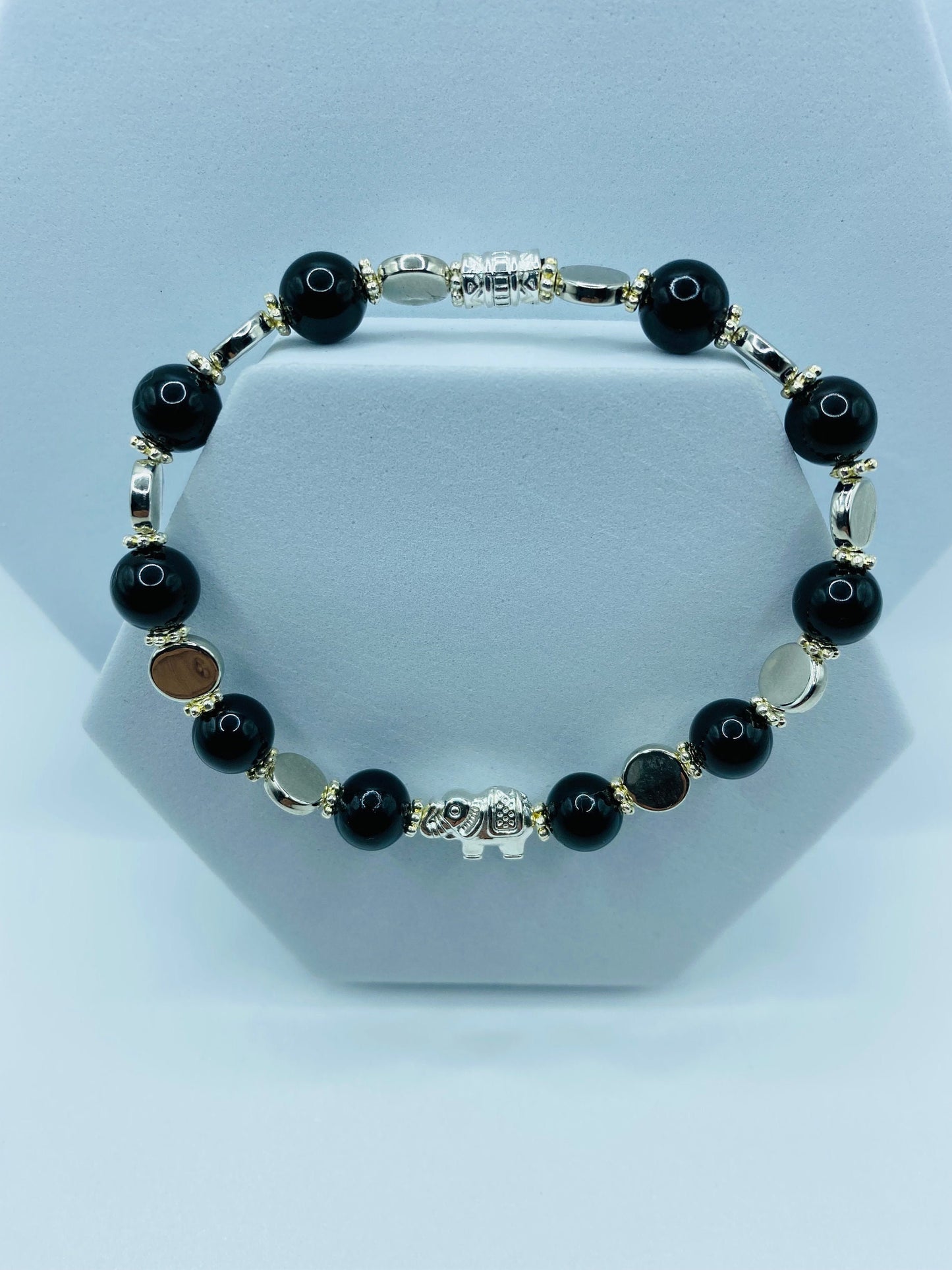 Elephant Charm Bracelet: Black Onyx Gemstone Beads, White Gold Accents