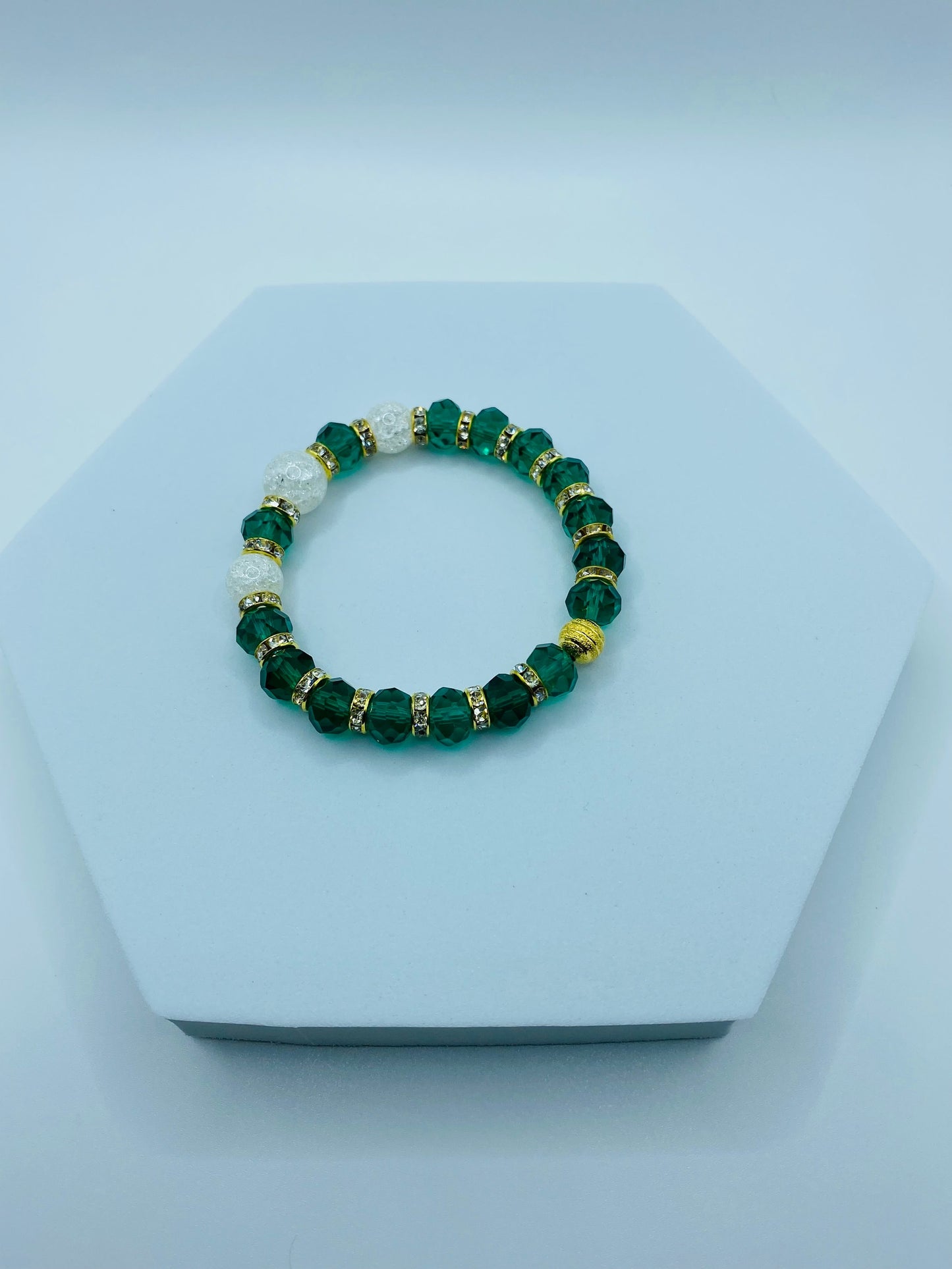 Emerald Green Crystal Bracelet: Crackle Quartz & Rhinestone Rondelles