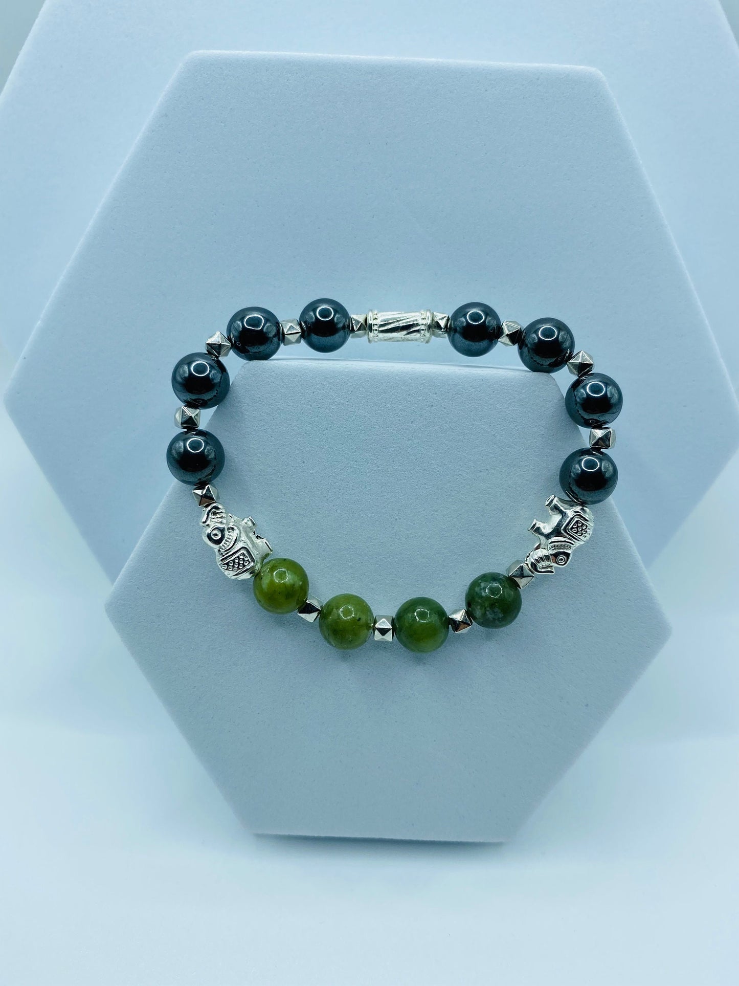 Elephant Jewelry White Gold Womens Bracelet with Jade & Hematite Gemstone Beads - Elephant Gifts