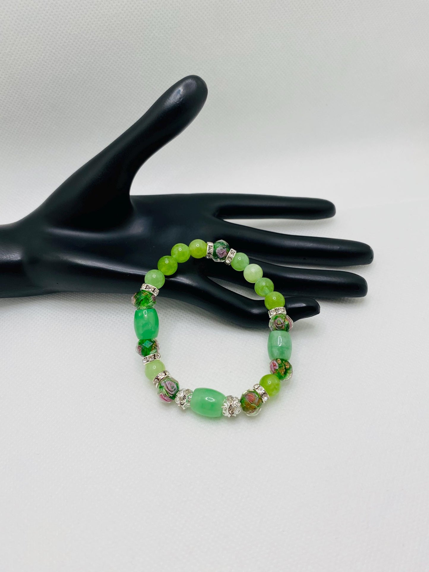 Peridot Bracelet: Green Lampwork Glass Beads, Silver Rhinestone Accents