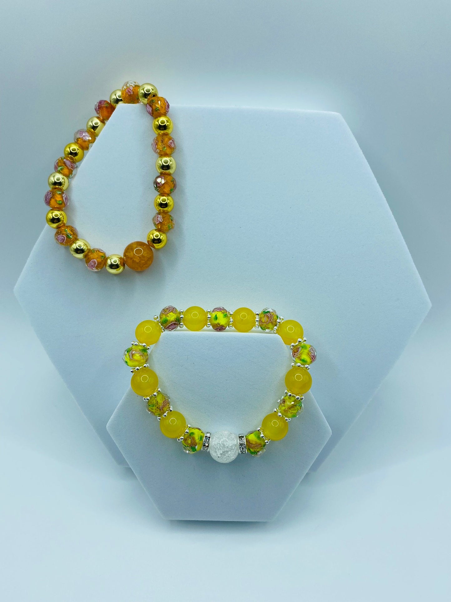 Summer Jewelry for Women with Yellow Agate & Lampwork Glass Beads, Quartz Crystal Bracelet