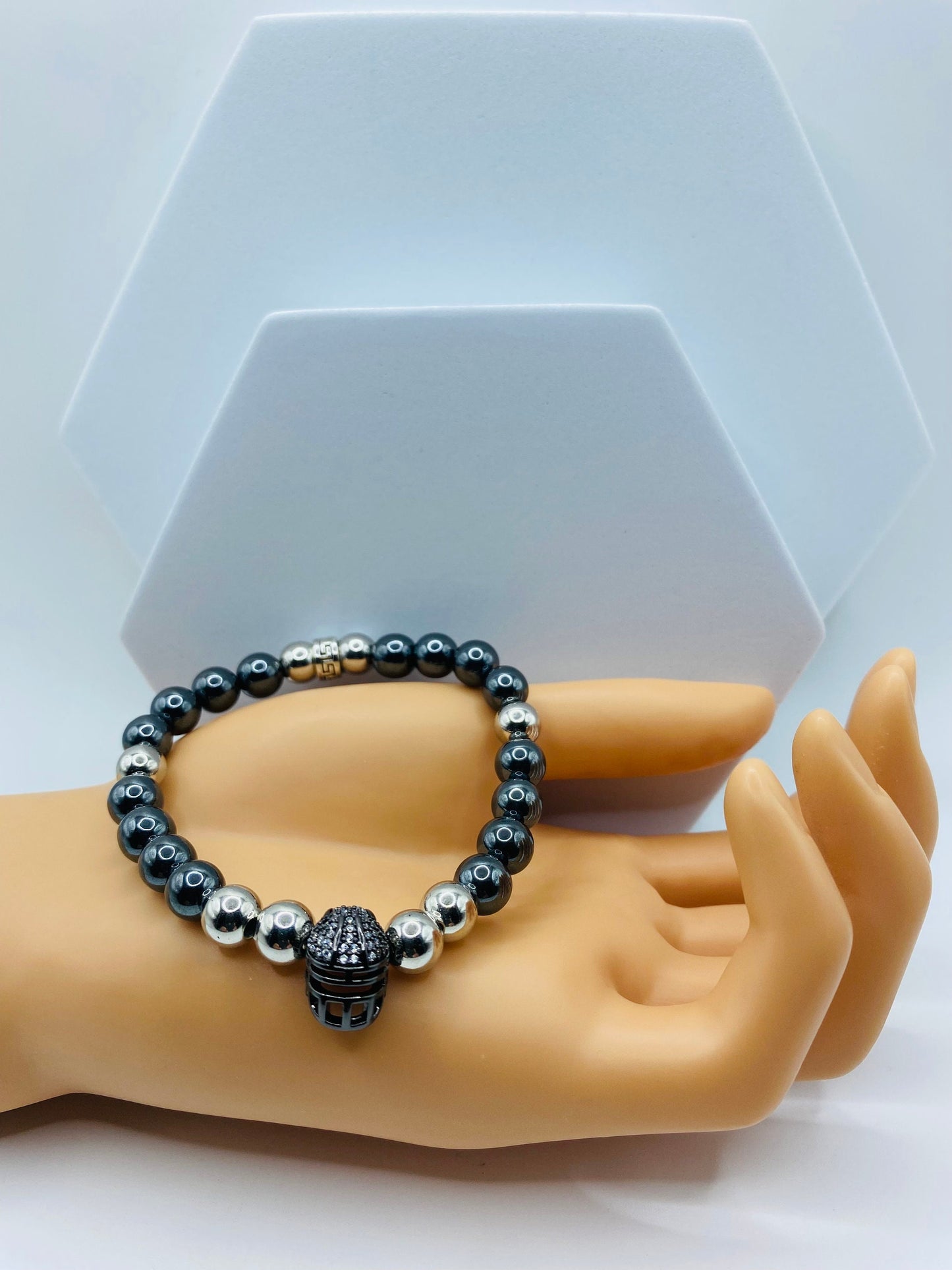 Las Vegas Raiders Mens Bracelet - Hematite Gemstone Beads and Football Helmet - Bracelets for Women