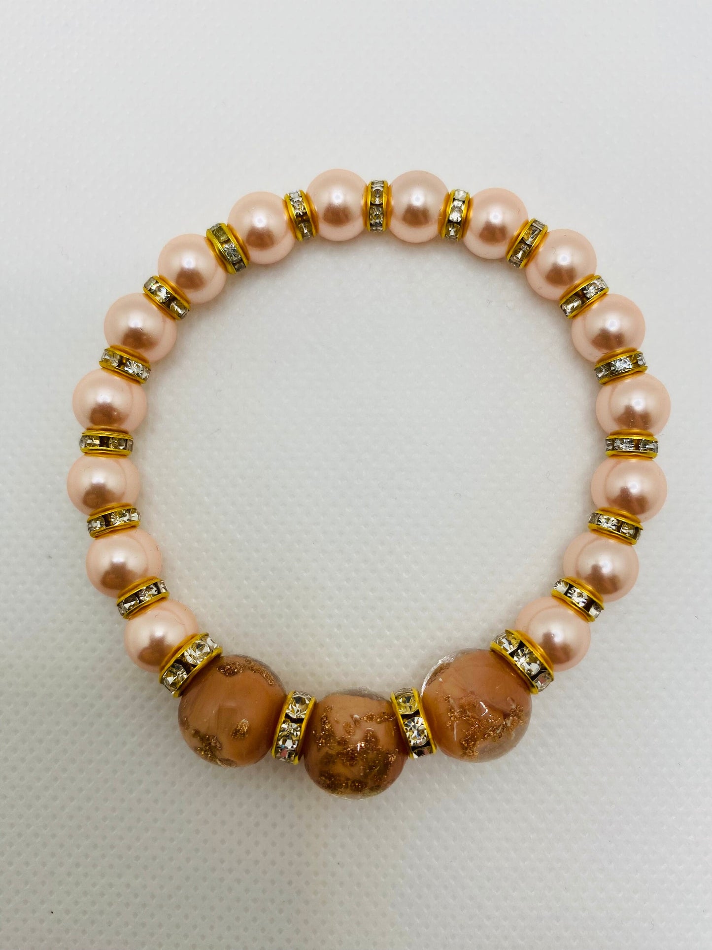 Pink Mother of Pearl Bracelet: Lampwork Glass Beads & Gold Rondelles