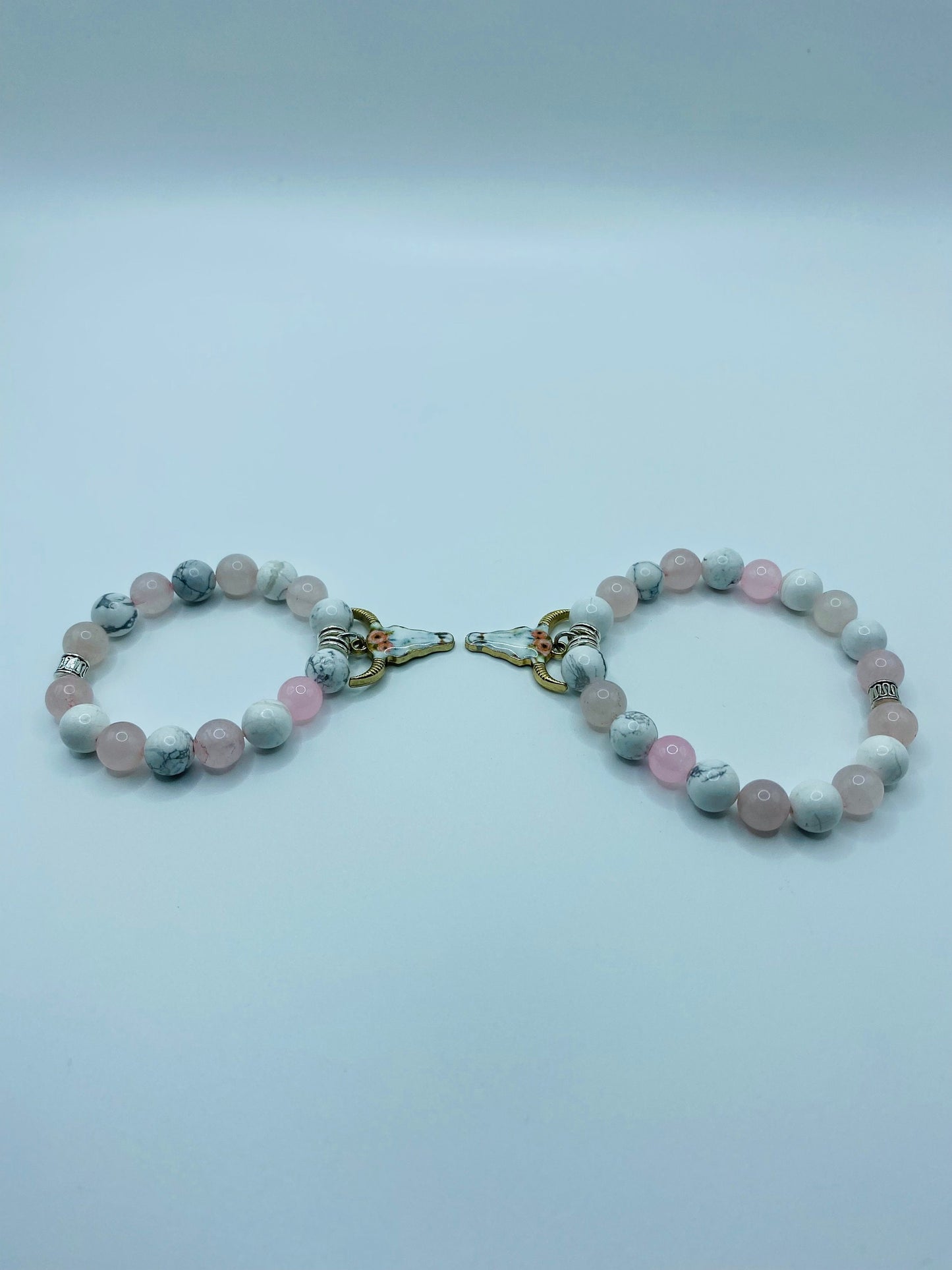 Mommy and Me Cow Charm Bracelet: Rose Quartz & Howlite Gemstone Beads