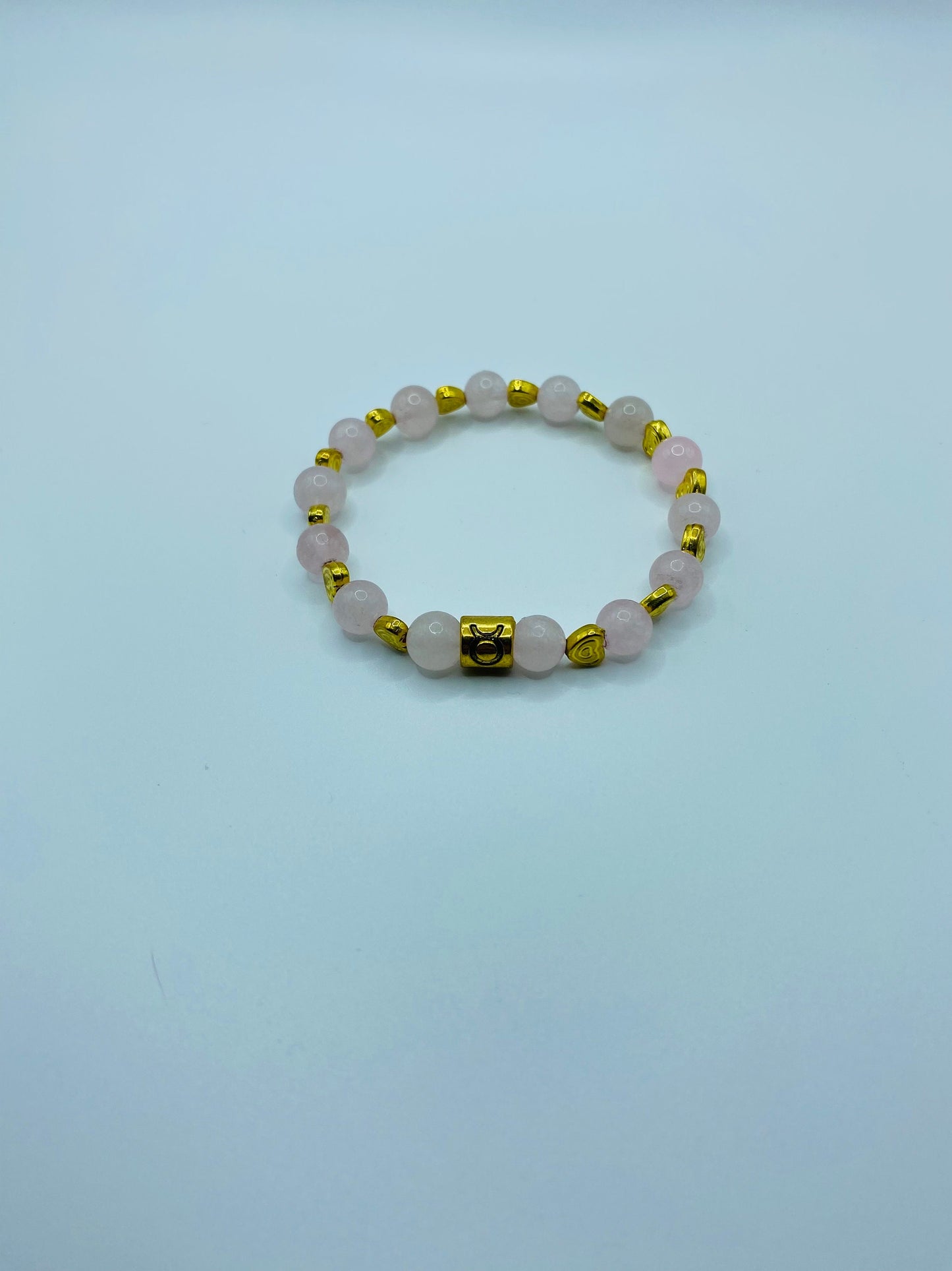 Rose Quartz Bracelet: 18K Gold Heart & Taurus Zodiac Charm