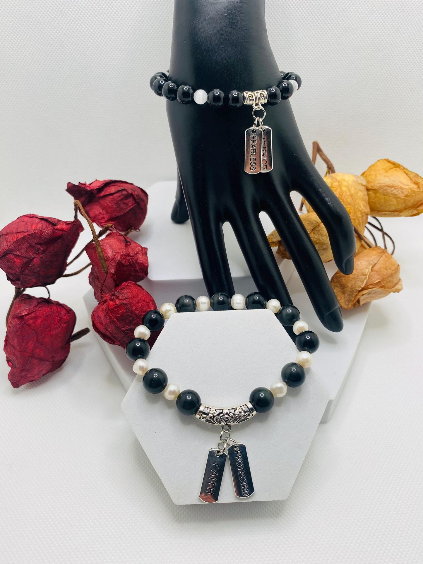 Obsidian & Pearl Charm Bracelet: Stainless Steel Inspirational Quotes