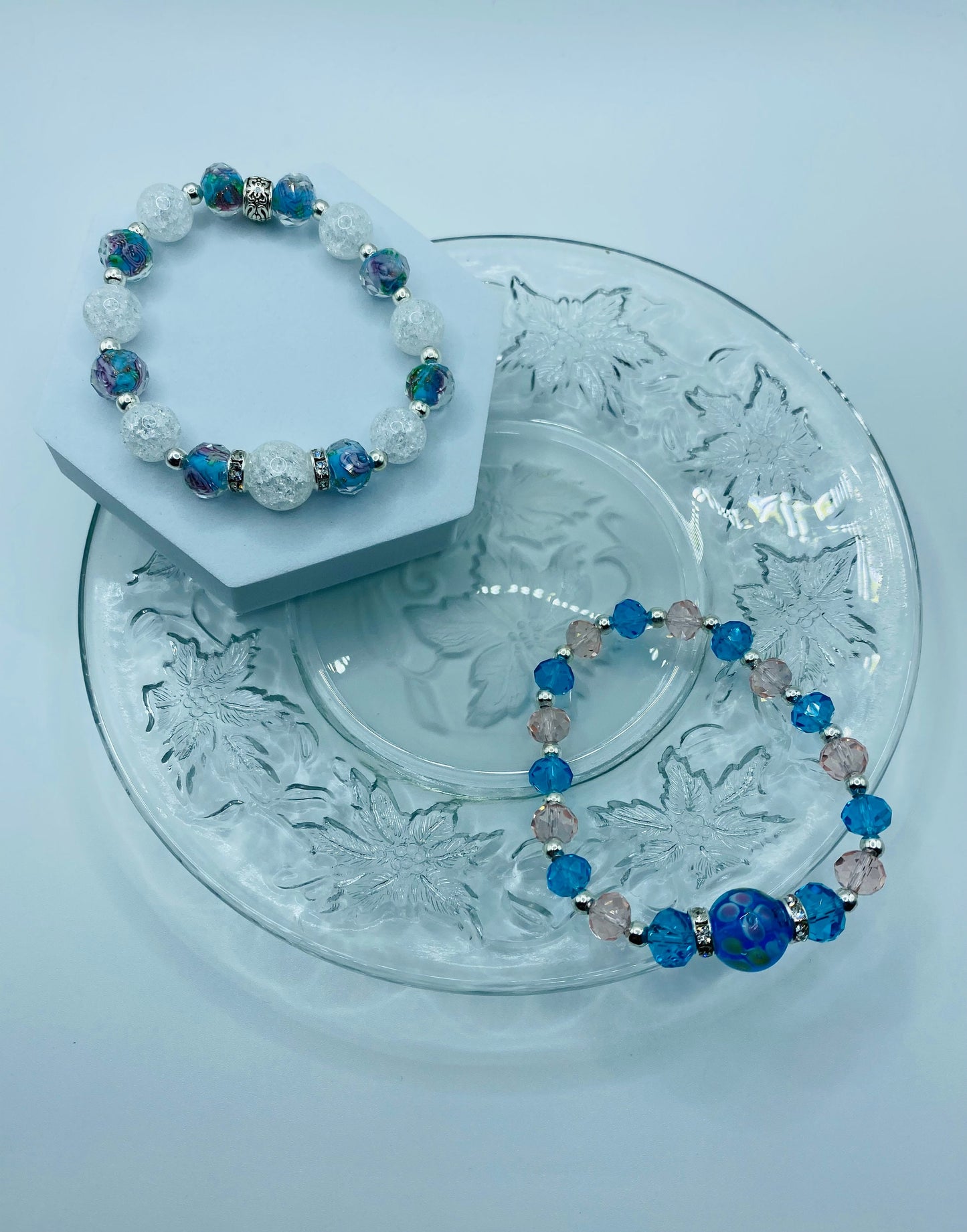 Floral Lampwork Glass Bead Bracelet: Pink & Blue Crystal