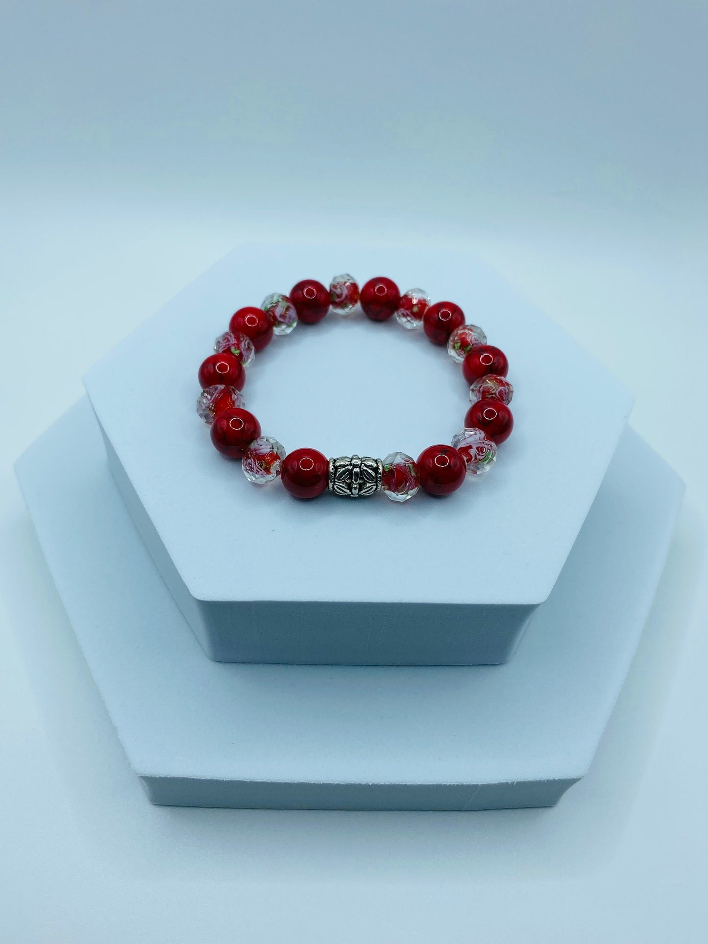 Red Turquoise Bracelet: Bohemian Lampwork Floral Glass Bead Jewelry