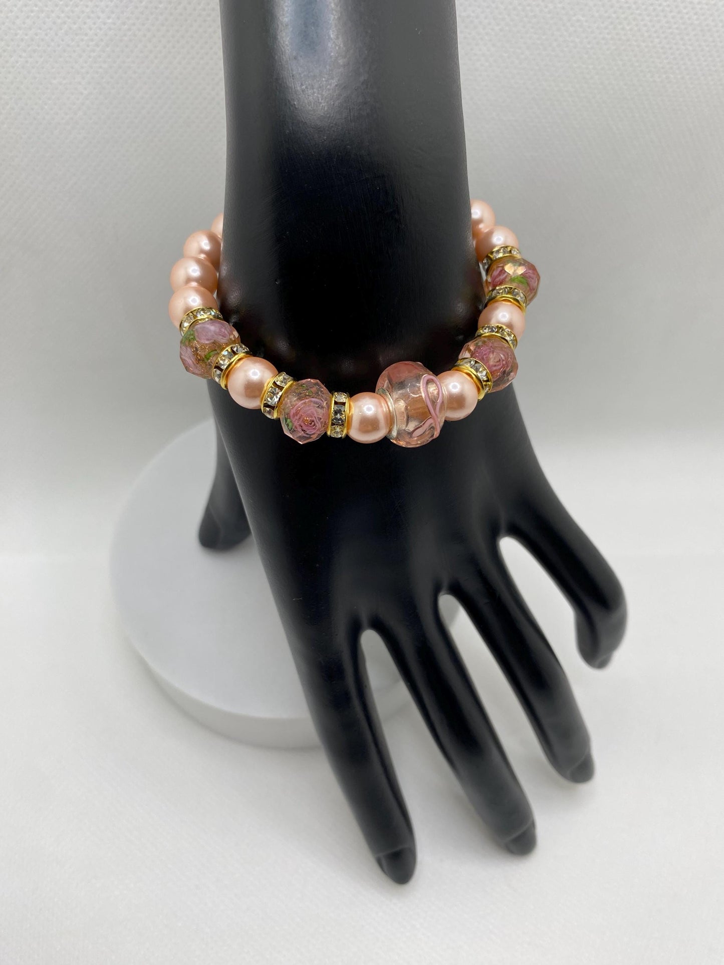 Pink Lampwork Glass & Mother of Pearl Bracelet: Rhinestone Rondelles