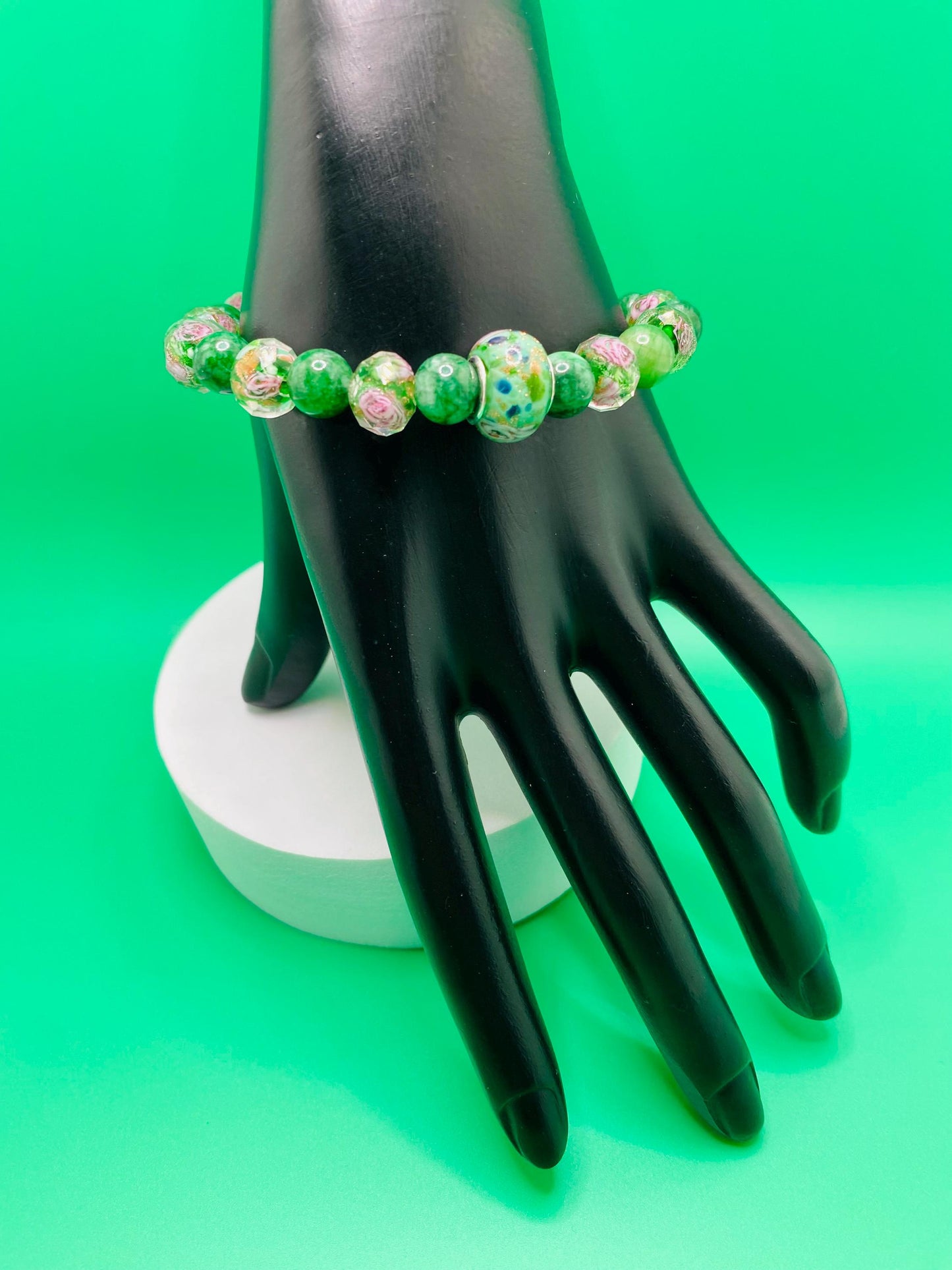 Lampwork Glass & Chalcedony Beaded Bracelet: Handmade Floral Jewelry