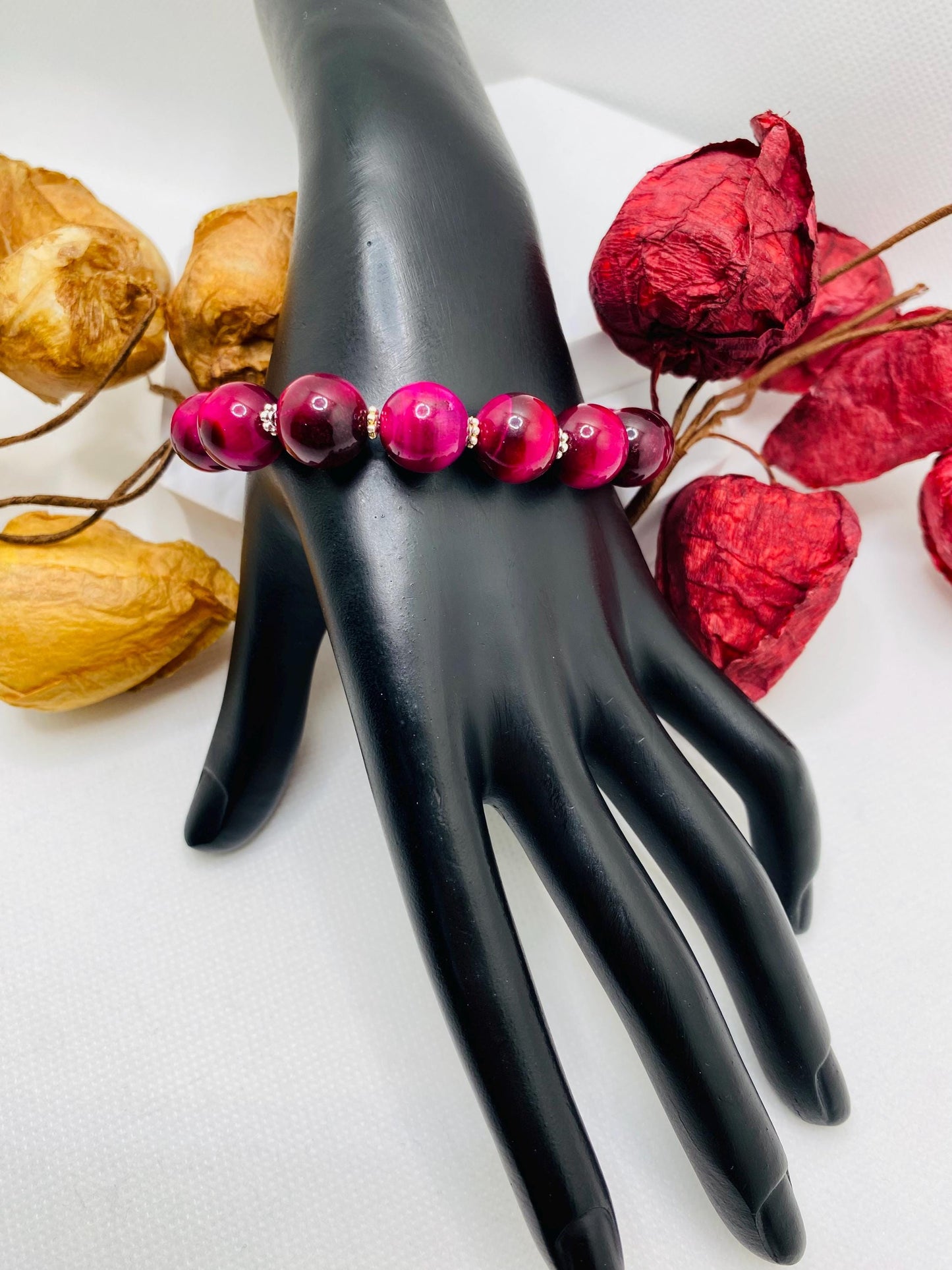 Chunky Rose Red Tigers Eye Bracelet: Handmade Gemstone Jewelry