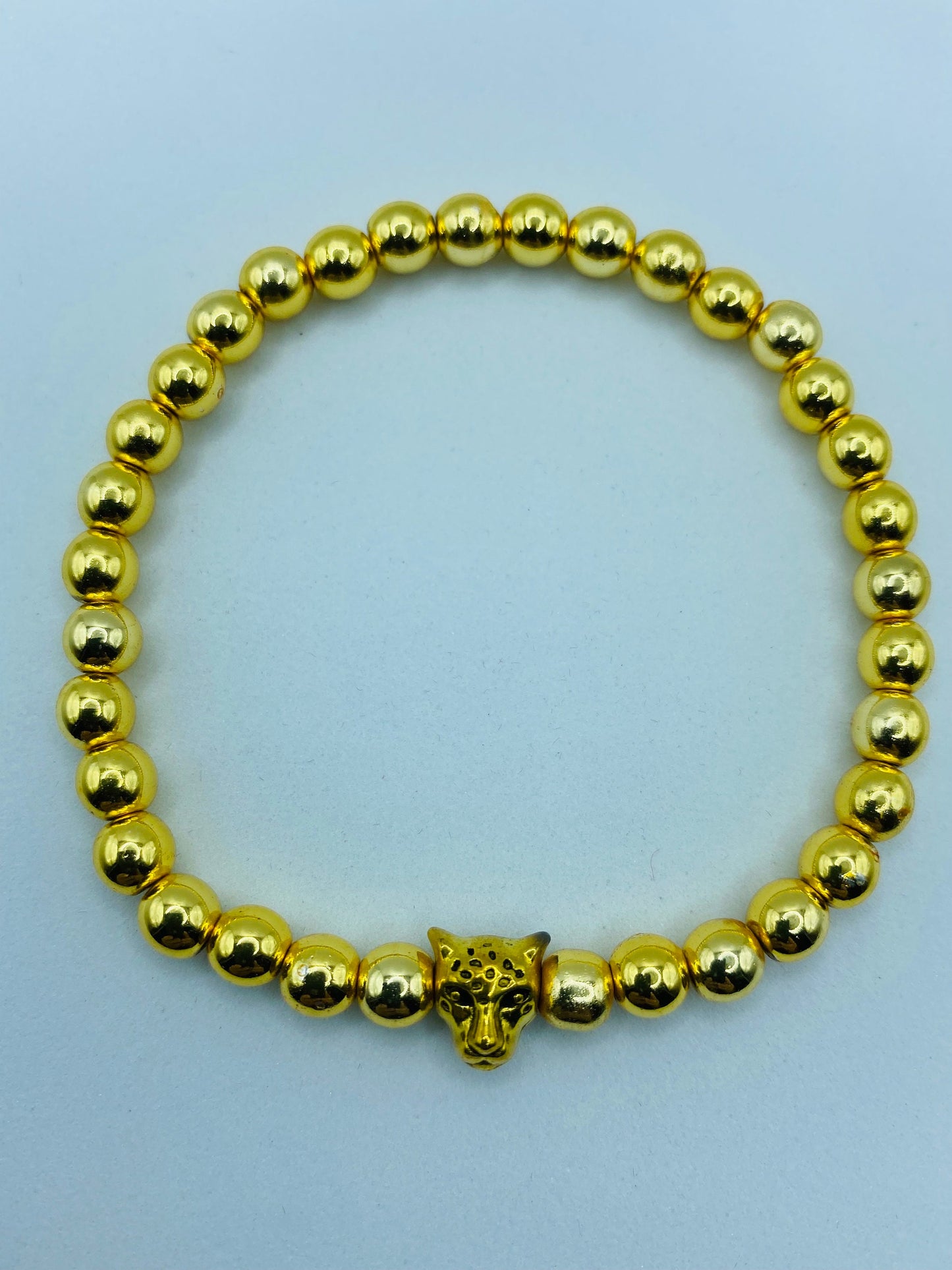 18K Gold Plated Tennis Bracelet: Hematite Beads & Leopard Charm