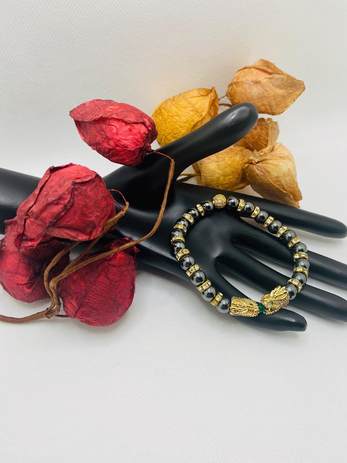 Dragon Hematite Beaded Bracelet: Gold CZ Charm, Handmade