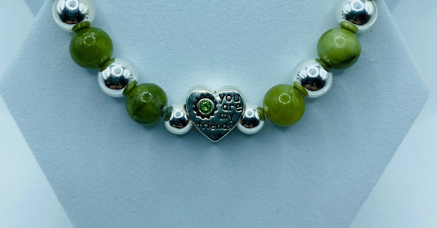 Friendship Bracelet with Green Jade & Hematite Gemstone Beads, Heart Jewelry Gifts for Friends