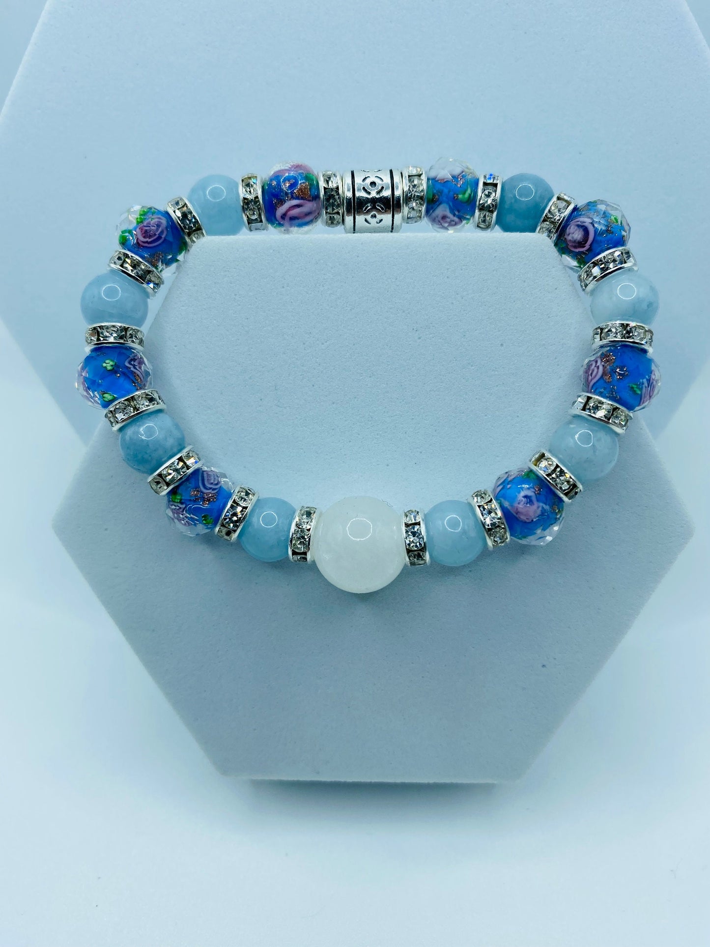 Aquamarine Bracelet: Lampwork Floral Glass Beads, Chalcedony Stone