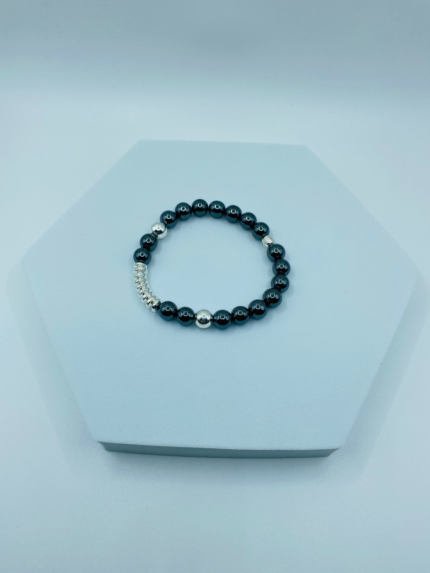 Mens Hematite Beaded Bracelet: Silver Plated Gemstone Jewelry