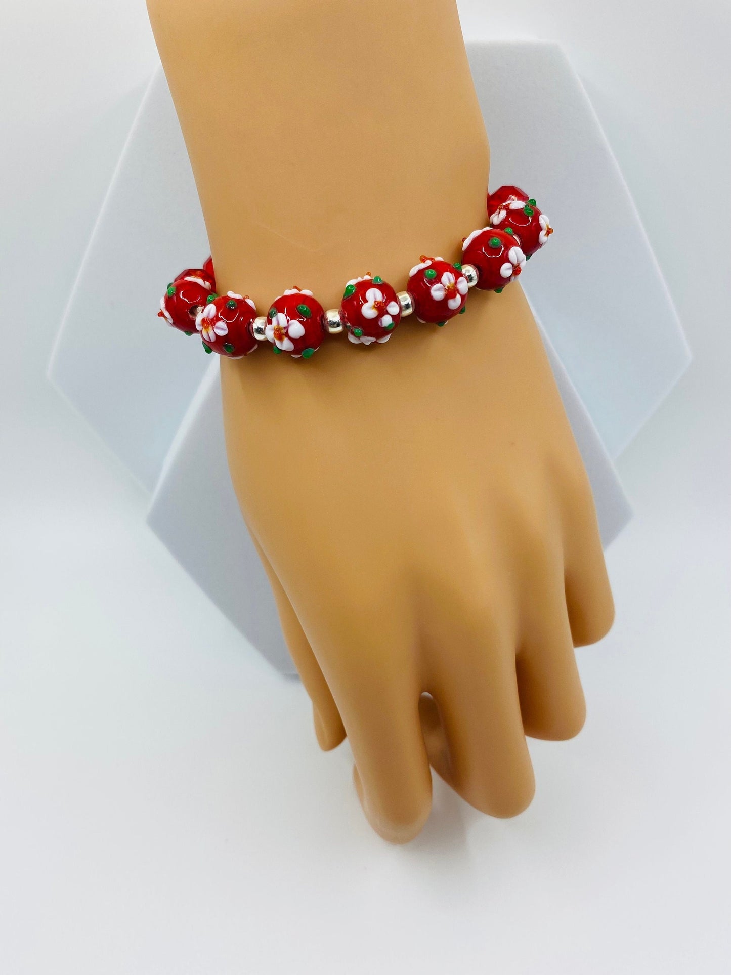 Red Floral Lampwork Glass Bead Bracelet: Red Crystal Handmade Jewelry