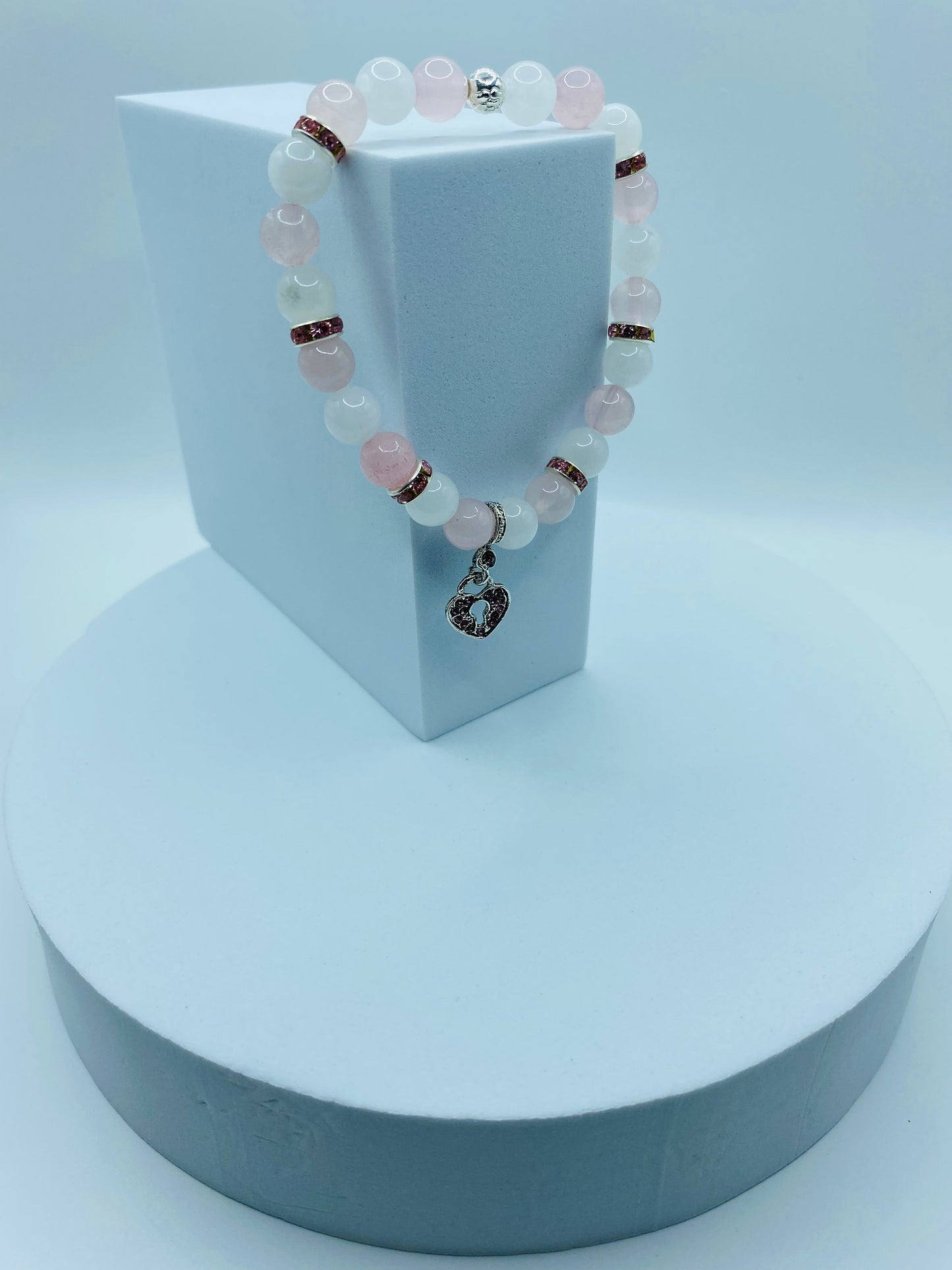 Heart Locket Charm Bracelet: Rose Quartz & White Jade Gemstone Beads