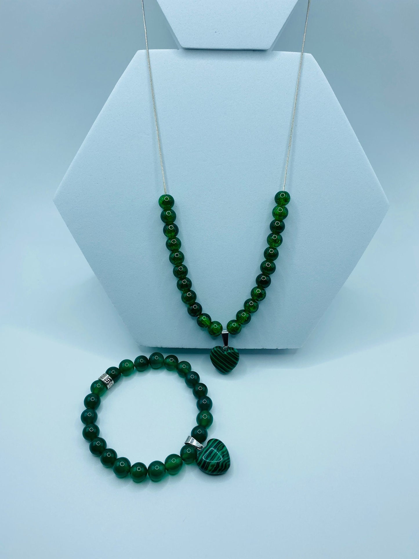 Handmade Lampwork Glass Bead Jewelry Set: Malachite Heart Necklace & Bracelet