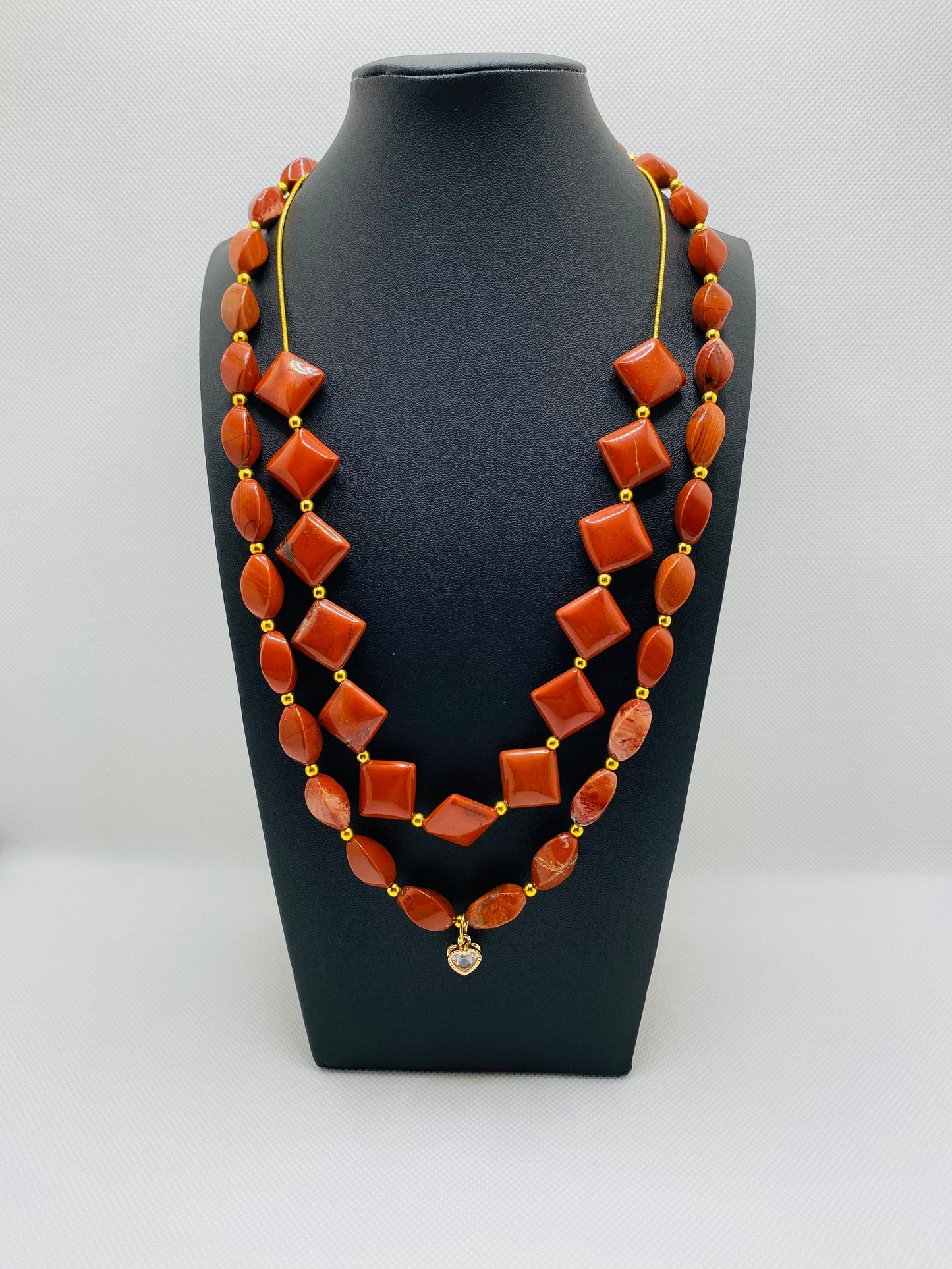 Necklaces for women Handmade Jewelry - Twisted, Diagonal Red Jasper - Gold Jewelry Beads - Heart Necklace