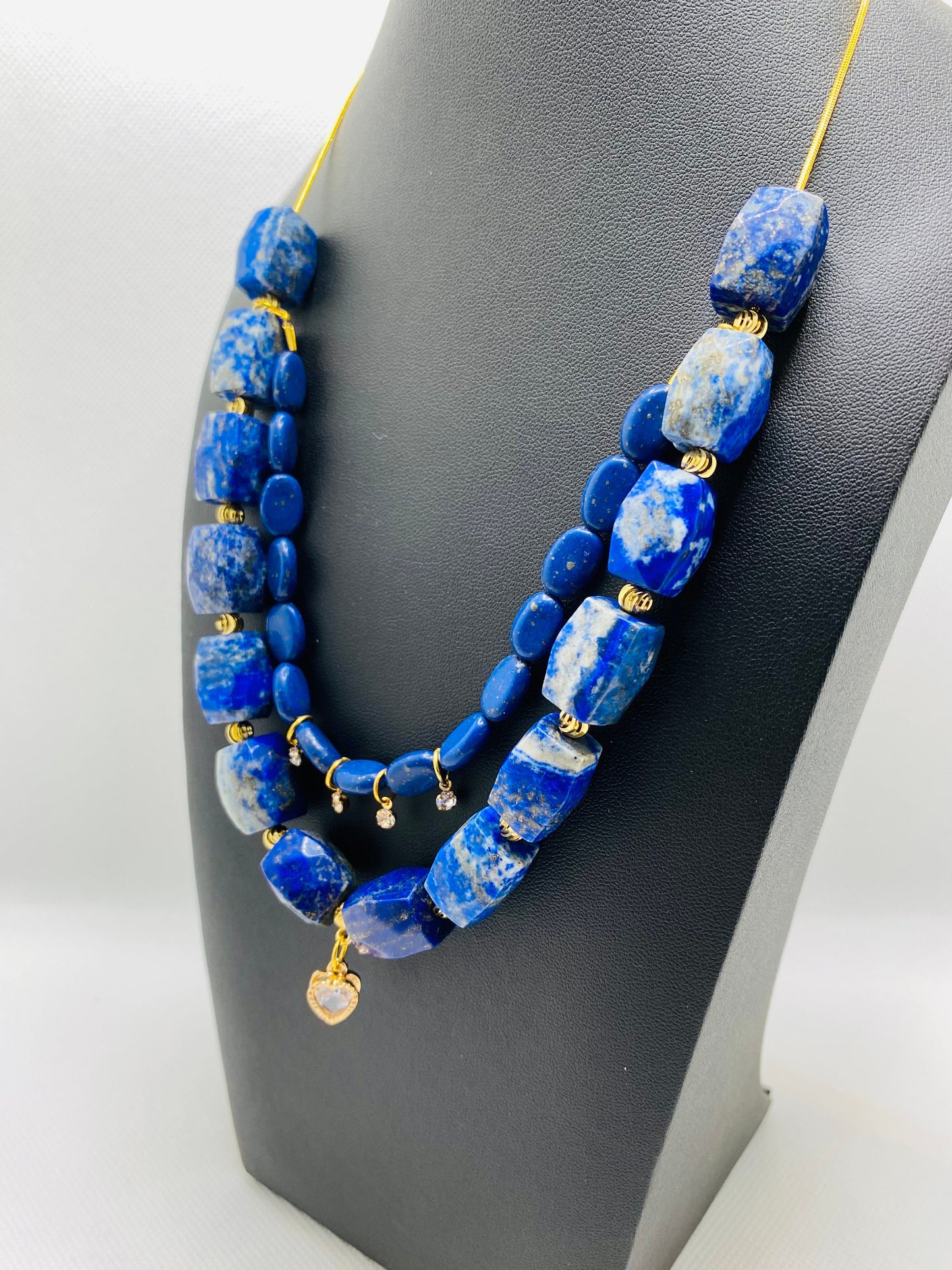 Handmade Lapis Lazuli Layered Necklace: Gold Plated Heart Pendant