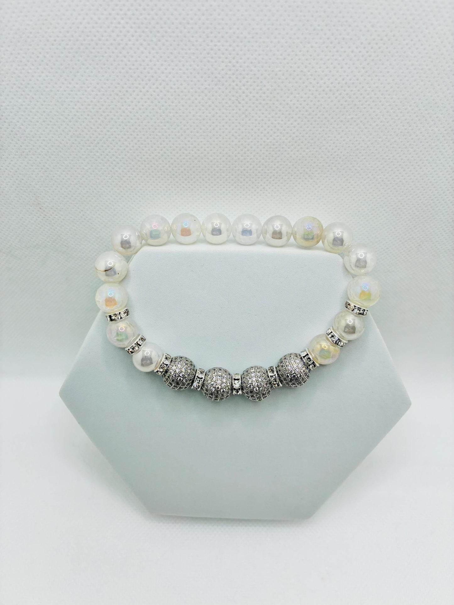 Brass Rhinestone & Zircon Beads White Gold and Snow Quartz Gemstone Bracelet: Silver Plated Rondelles