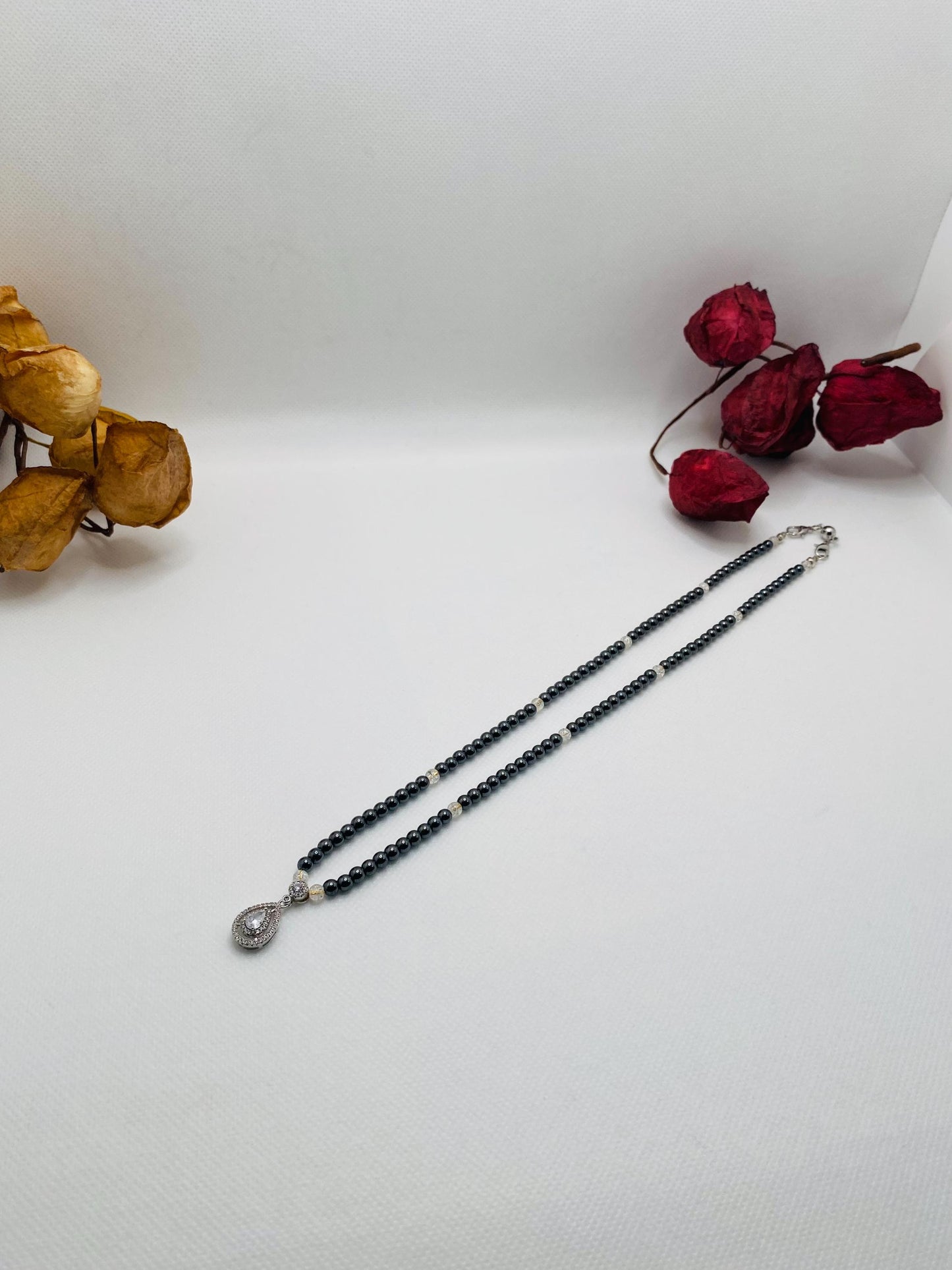 Womens Necklace Handmade Jewelry - Hematite Gemstone Beads & Zirconia Pendant, Gifts for her, Crystal Necklace