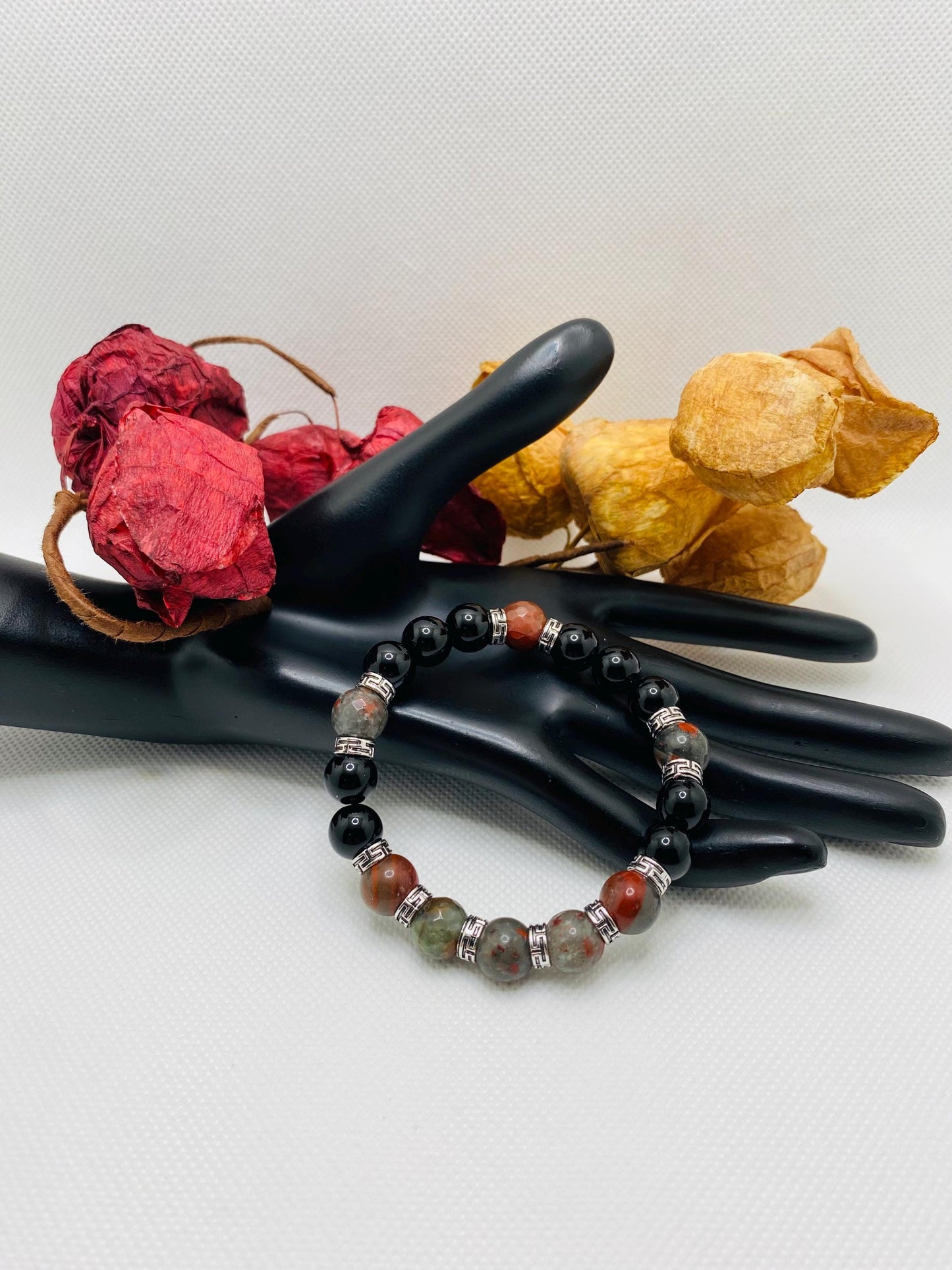 Mens Beaded Bracelet with Onyx & African Jasper Bloodstones, Tibetan Jewelry, Gifts for Men