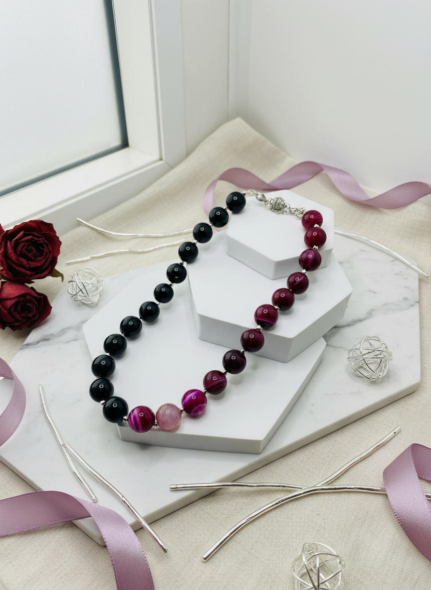 Black Obsidian Plum Agate Necklace Enhanced