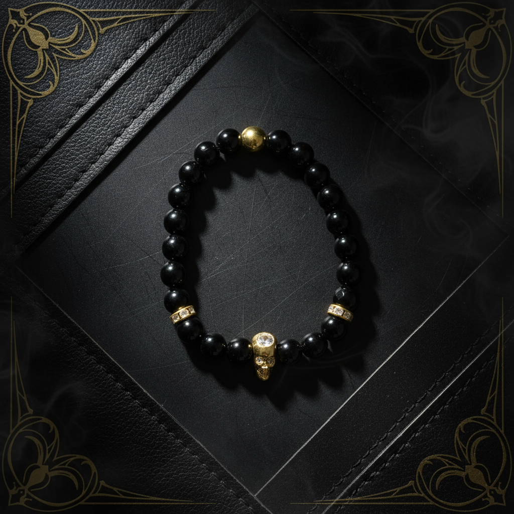 Black Onyx Bracelet Golden CZ Skull Background