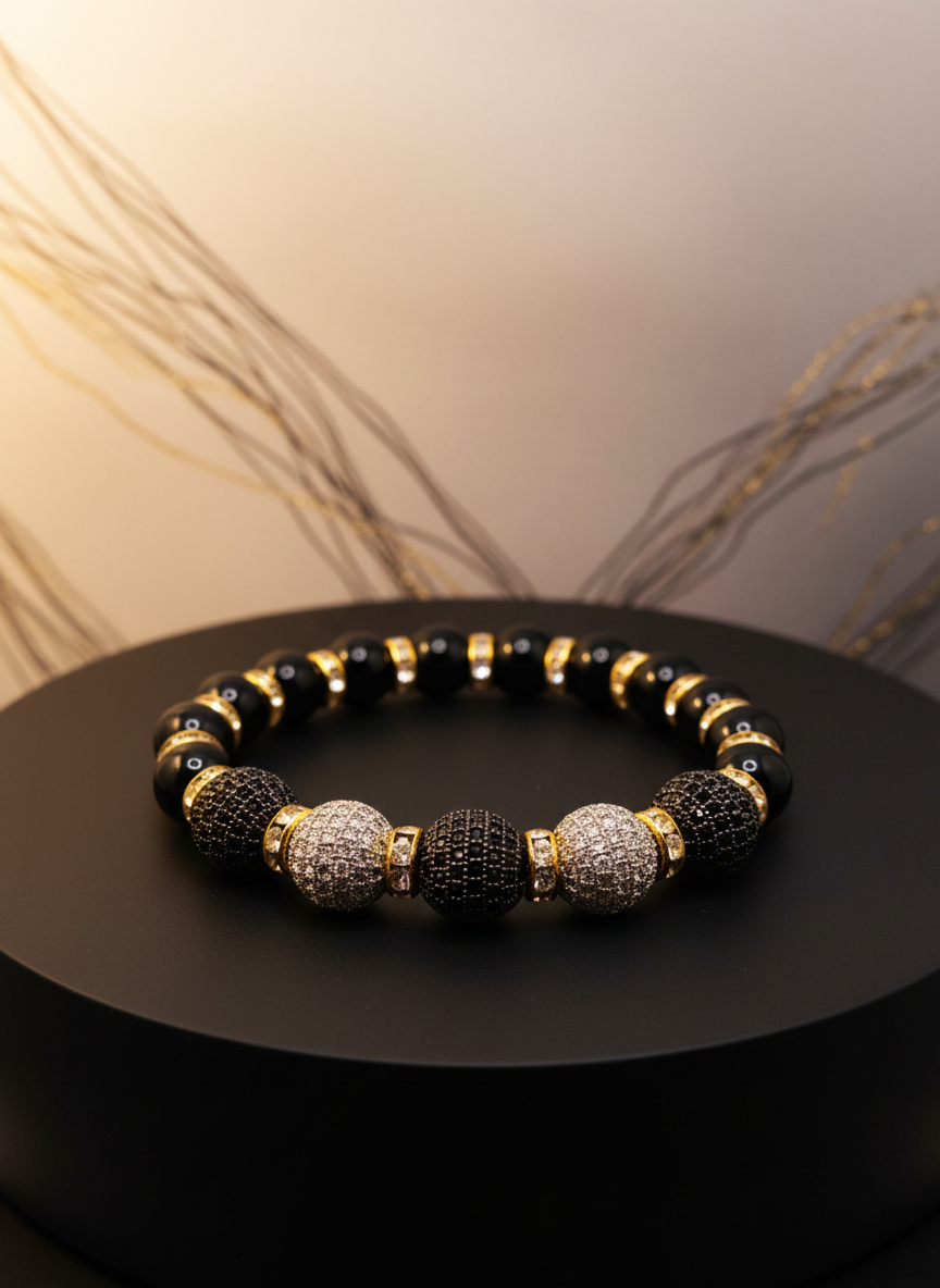 Black Onyx Brass Rhinestone Zirconia Gold Rondelles Bracelet - Enhanced