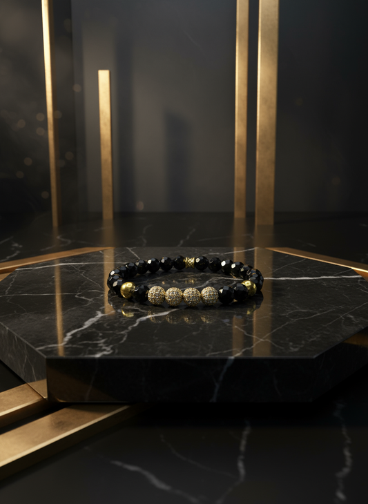 Black Onyx Gold CZ Hematite Men's Bracelet - Enhanced
