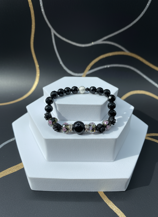 Black Onyx Lampwork Floral Rose Bracelet - Enhanced