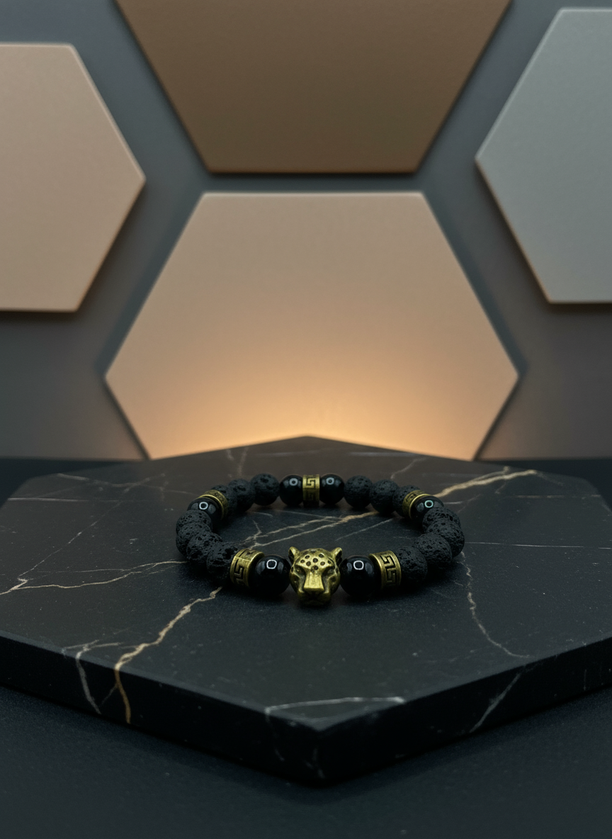 Black Onyx Lava Rock Bronze Leopard Charm Bracelet - Enhanced